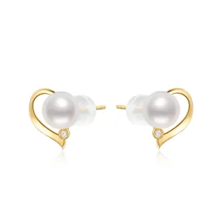 18K Heart Shaped Natural Freshwater White Pearl Earrings With Diamond