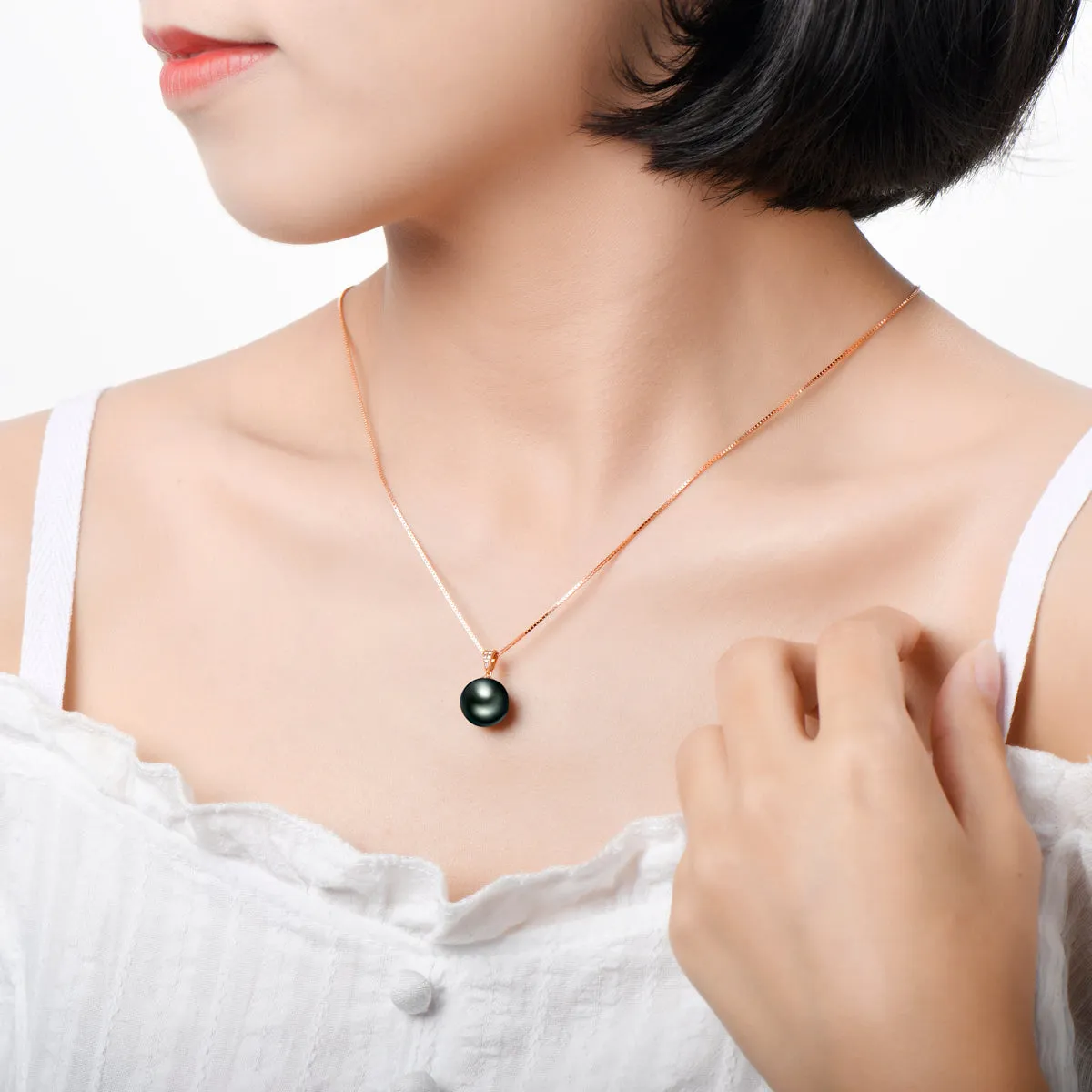 18K Real Diamond Natural Black Tahiti Pearl Necklace 18'' Chain (Sterling Silver)