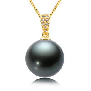 18K Real Diamond Natural Black Tahiti Pearl Necklace 18'' Chain (Sterling Silver)
