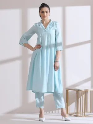 2 Pc Set - Airskin Light Blue Collar Kurta With Pearls And Pants