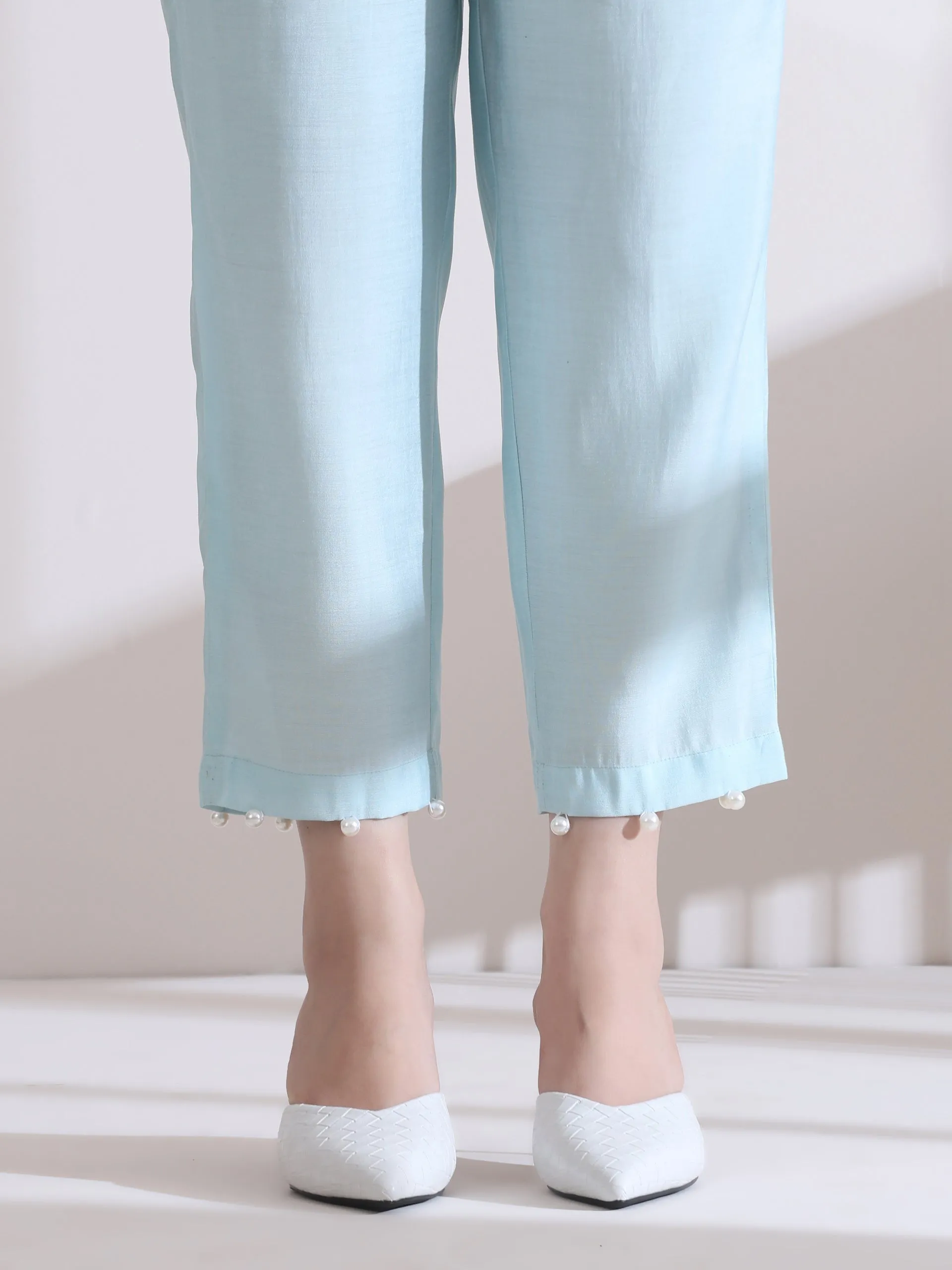 2 Pc Set - Airskin Light Blue Collar Kurta With Pearls And Pants