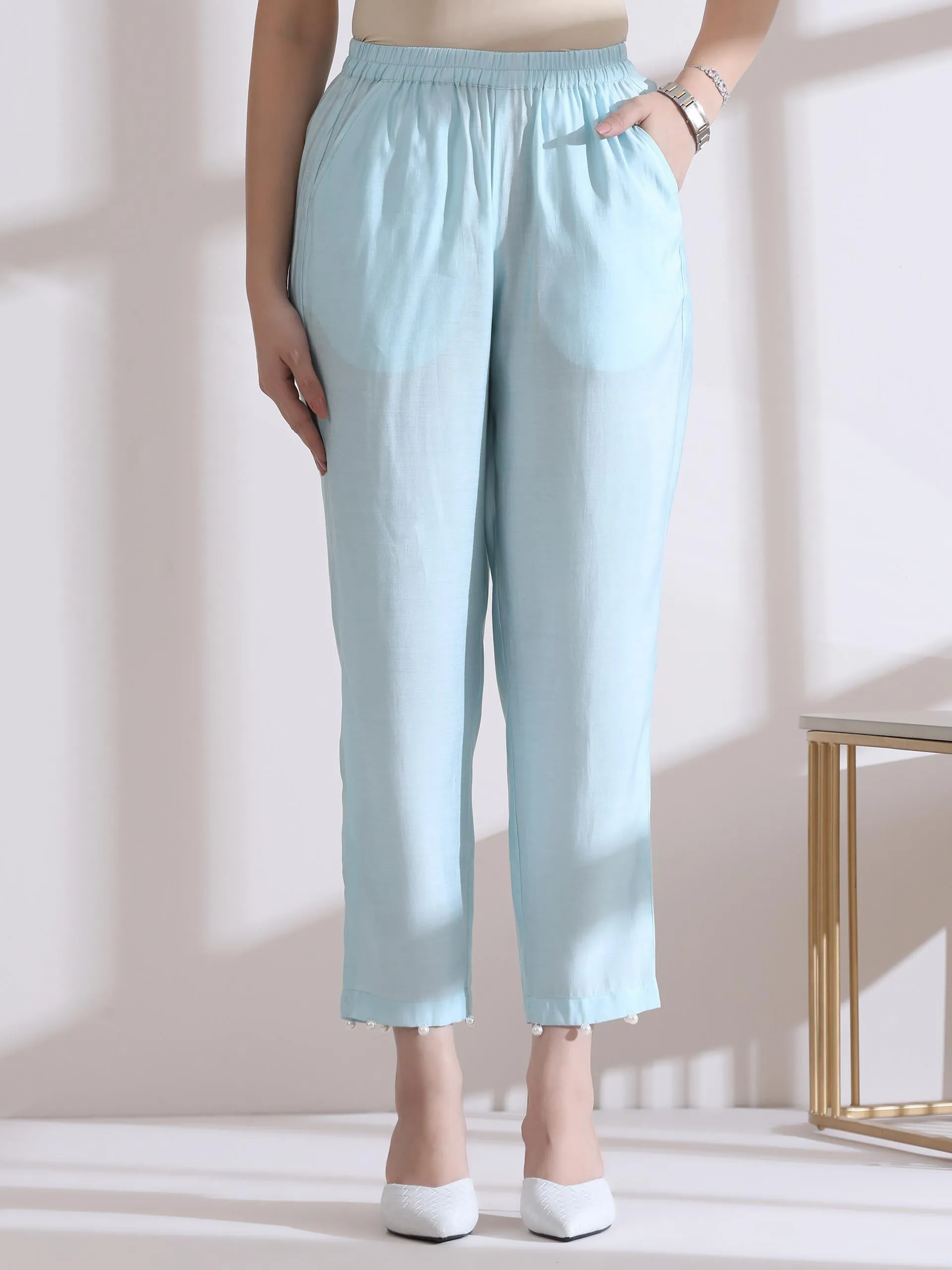 2 Pc Set - Airskin Light Blue Collar Kurta With Pearls And Pants