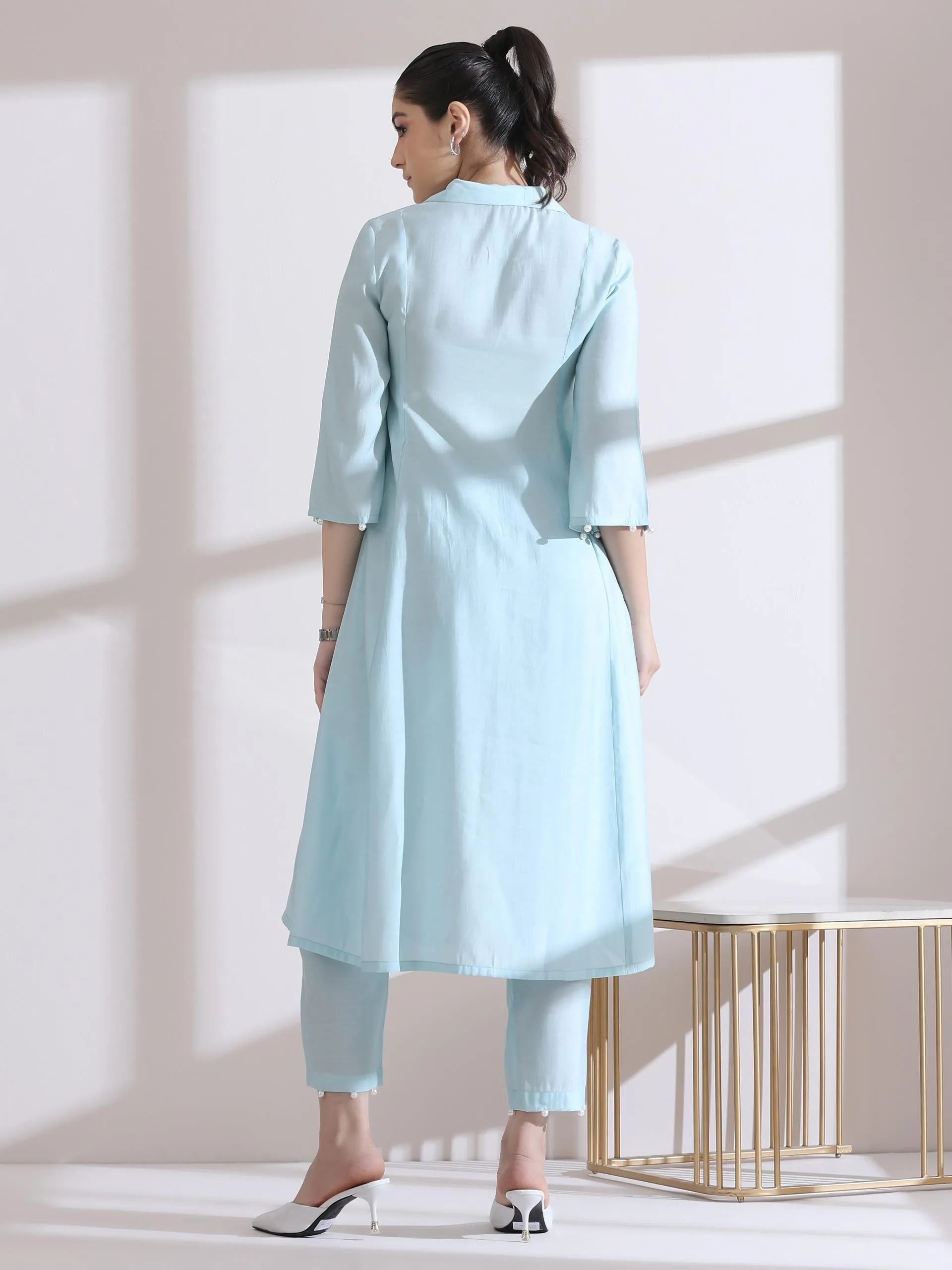 2 Pc Set - Airskin Light Blue Collar Kurta With Pearls And Pants