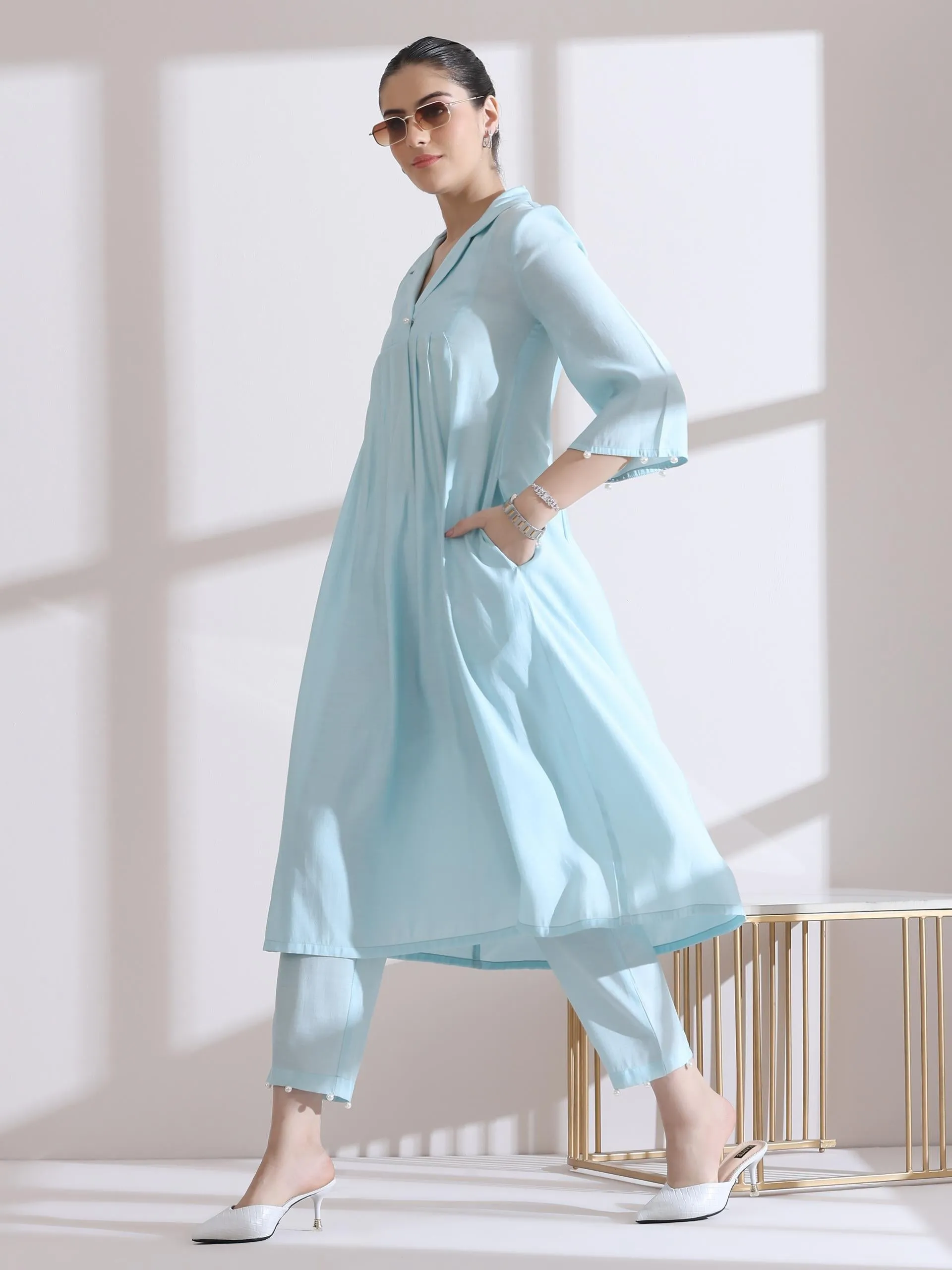 2 Pc Set - Airskin Light Blue Collar Kurta With Pearls And Pants