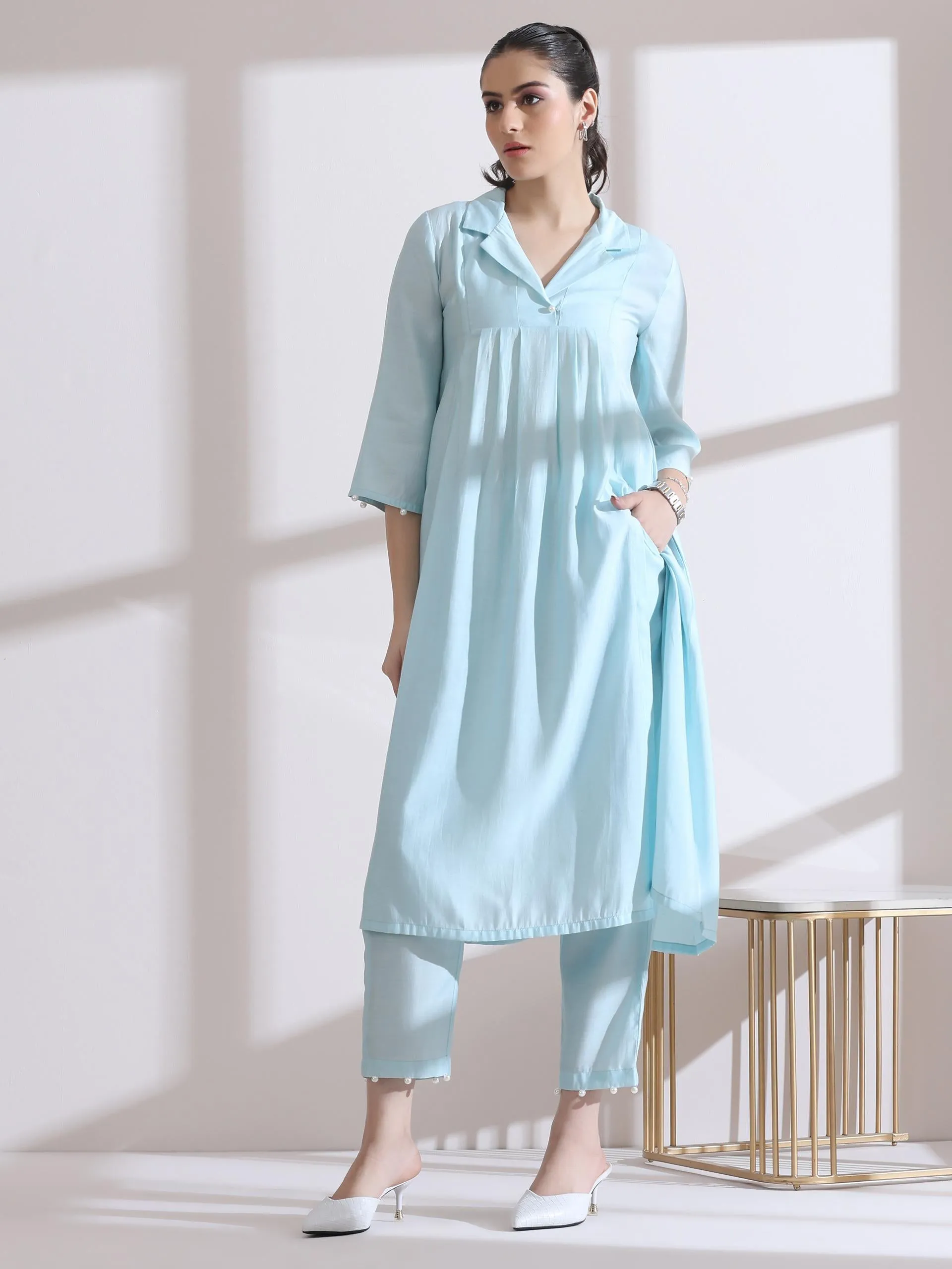 2 Pc Set - Airskin Light Blue Collar Kurta With Pearls And Pants