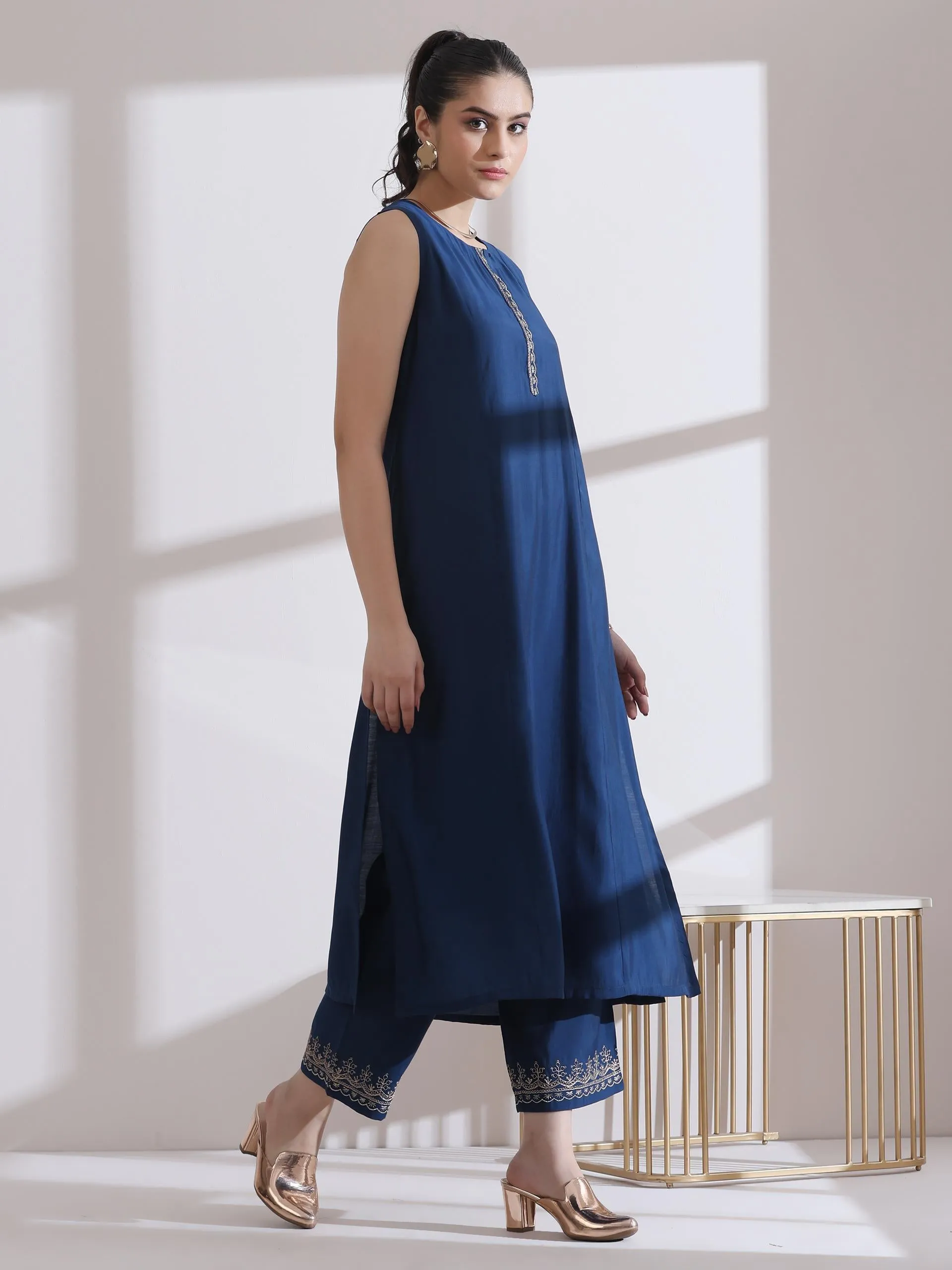 2 Pc Set - Airskin Navy Blue Kurta With Embroidery On Top And Pants