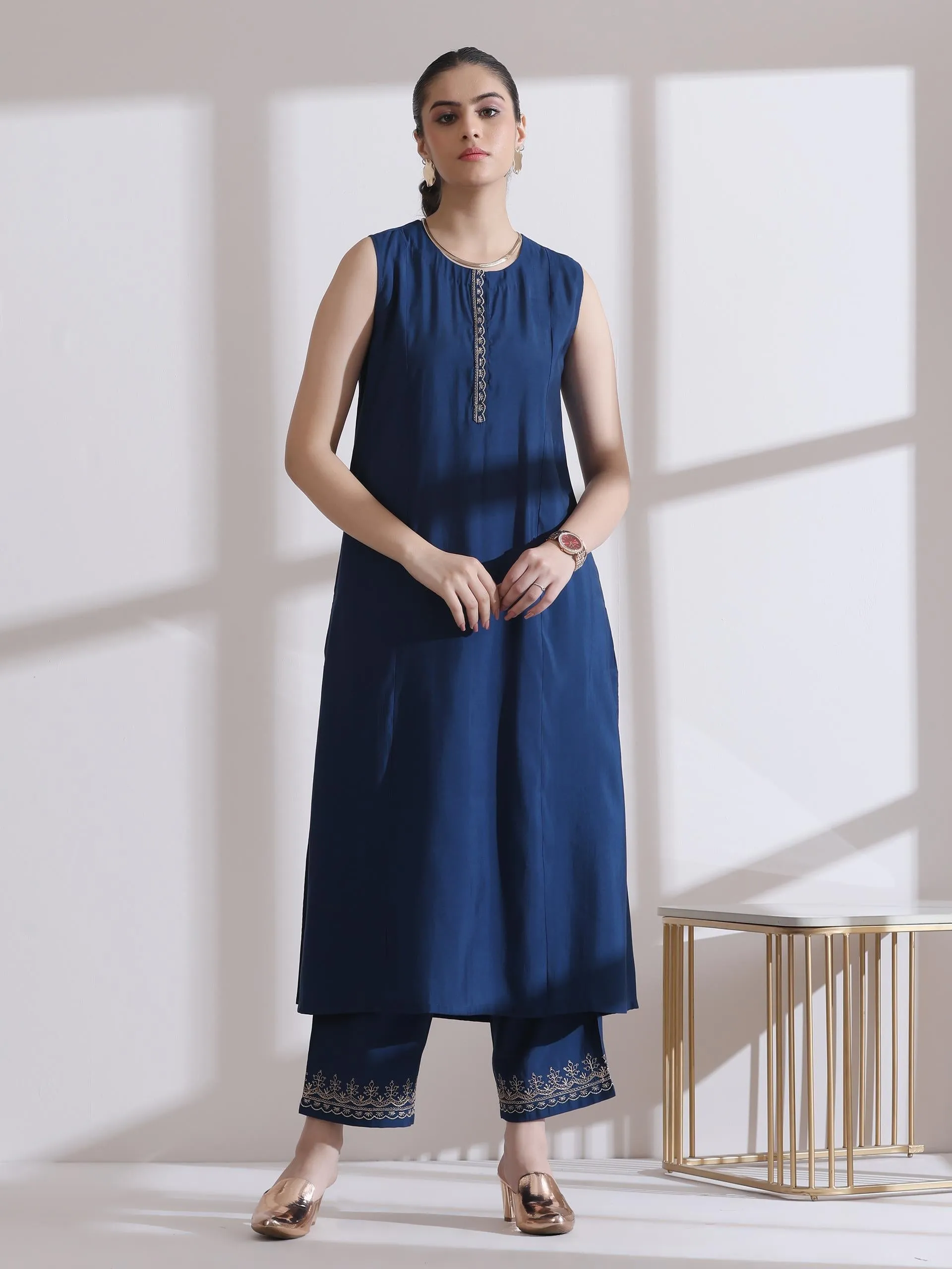 2 Pc Set - Airskin Navy Blue Kurta With Embroidery On Top And Pants