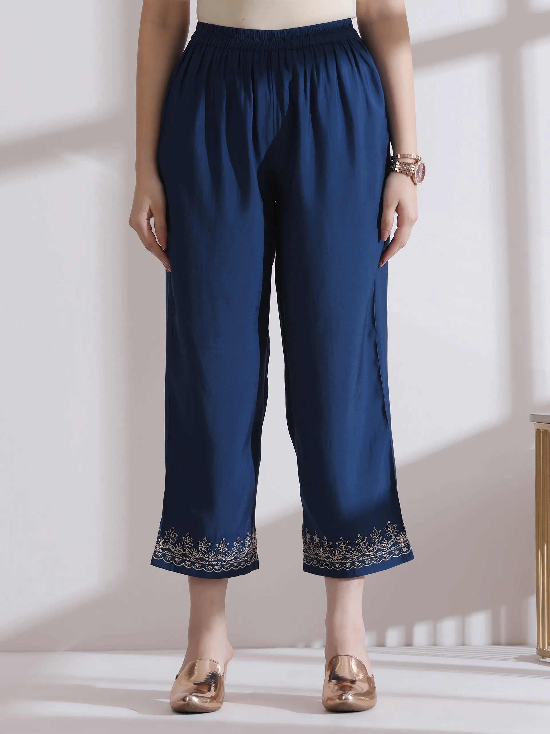 2 Pc Set - Airskin Navy Blue Kurta With Embroidery On Top And Pants