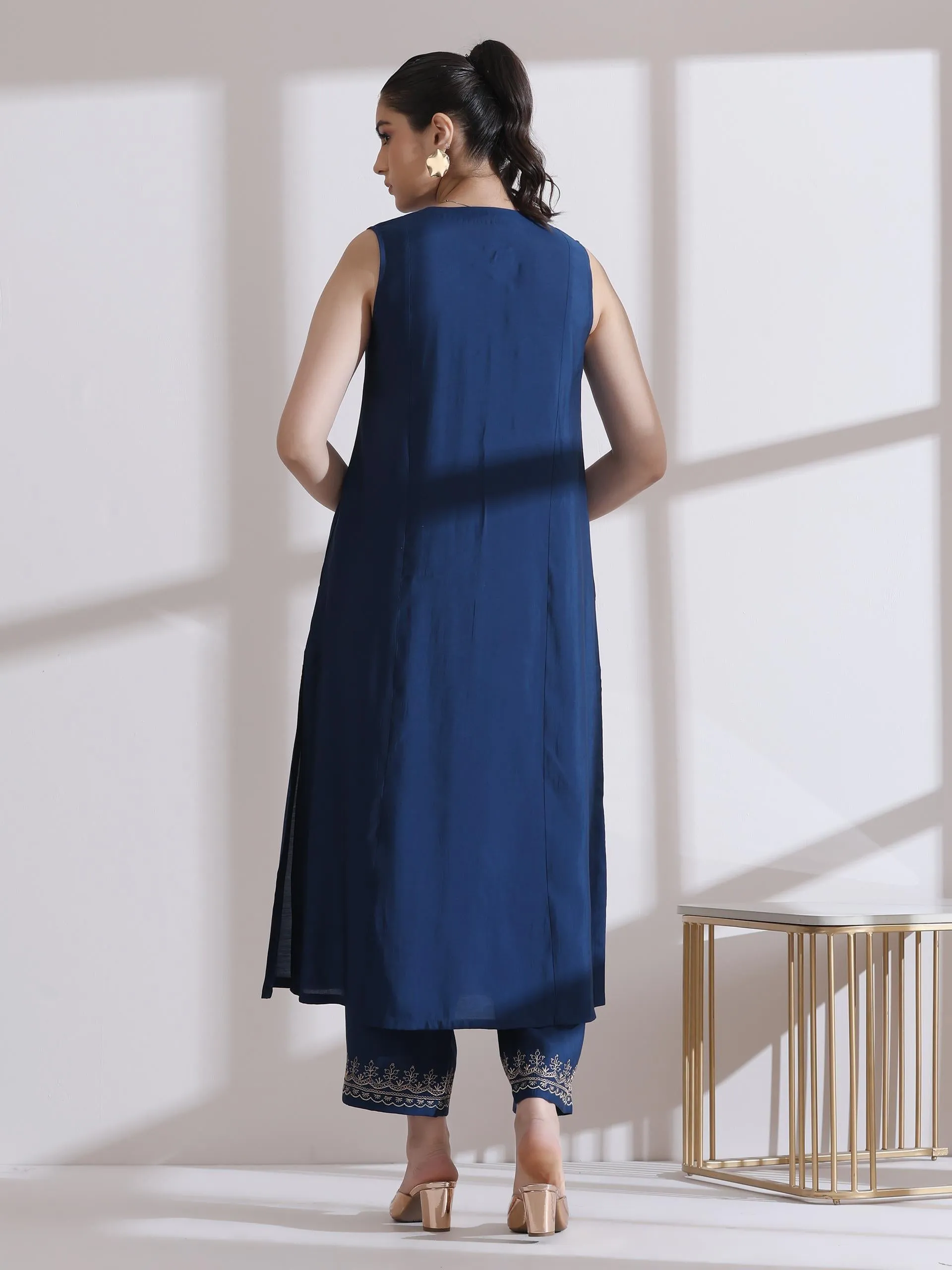 2 Pc Set - Airskin Navy Blue Kurta With Embroidery On Top And Pants