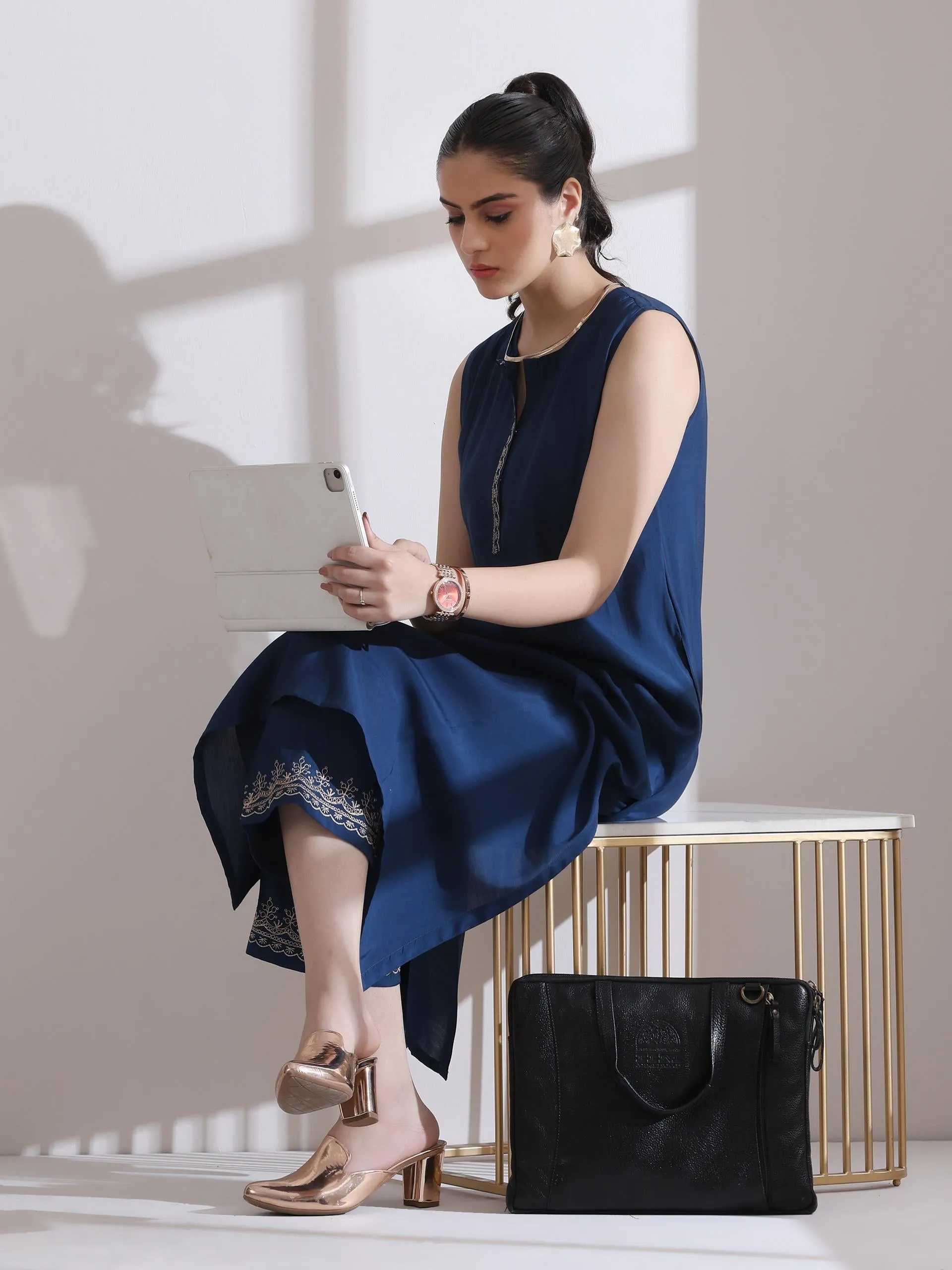 2 Pc Set - Airskin Navy Blue Kurta With Embroidery On Top And Pants