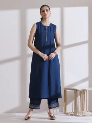 2 Pc Set - Airskin Navy Blue Kurta With Embroidery On Top And Pants