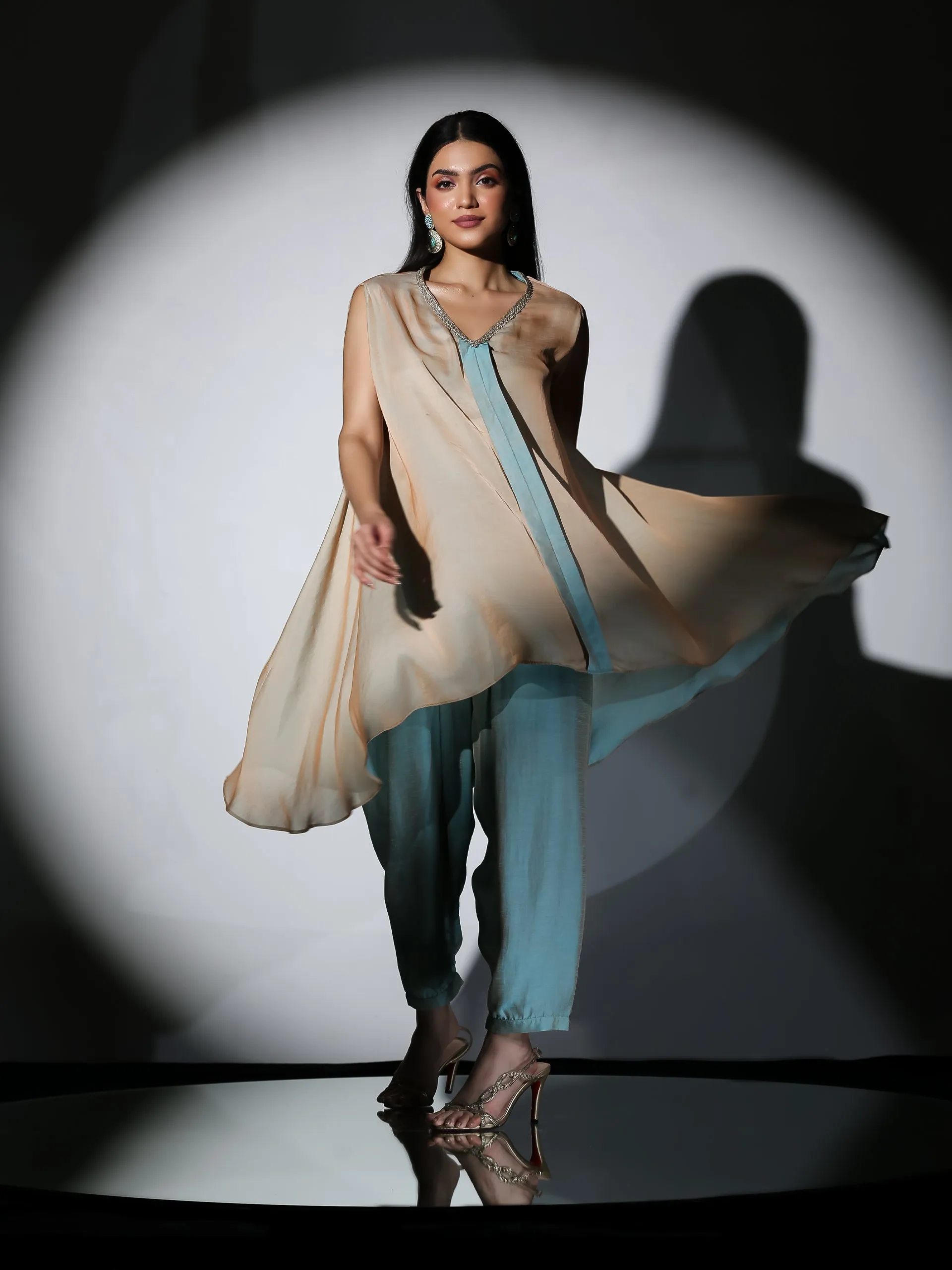 2 Pc SET - Dual Shade Powder Blue and Cream Slub Satin Flared Top with Pants