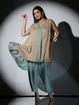 2 Pc SET - Dual Shade Powder Blue and Cream Slub Satin Flared Top with Pants