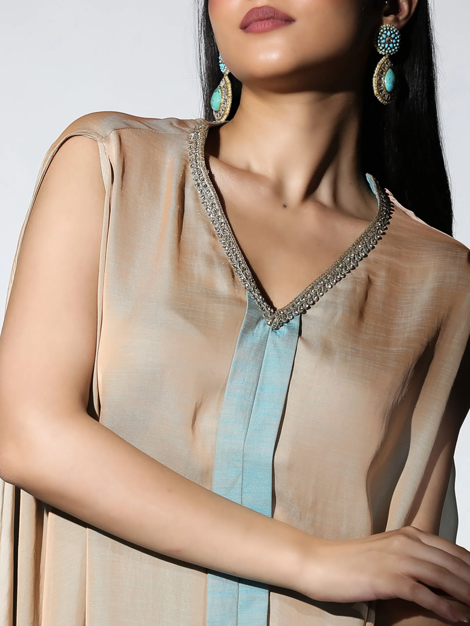 2 Pc SET - Dual Shade Powder Blue and Cream Slub Satin Flared Top with Pants