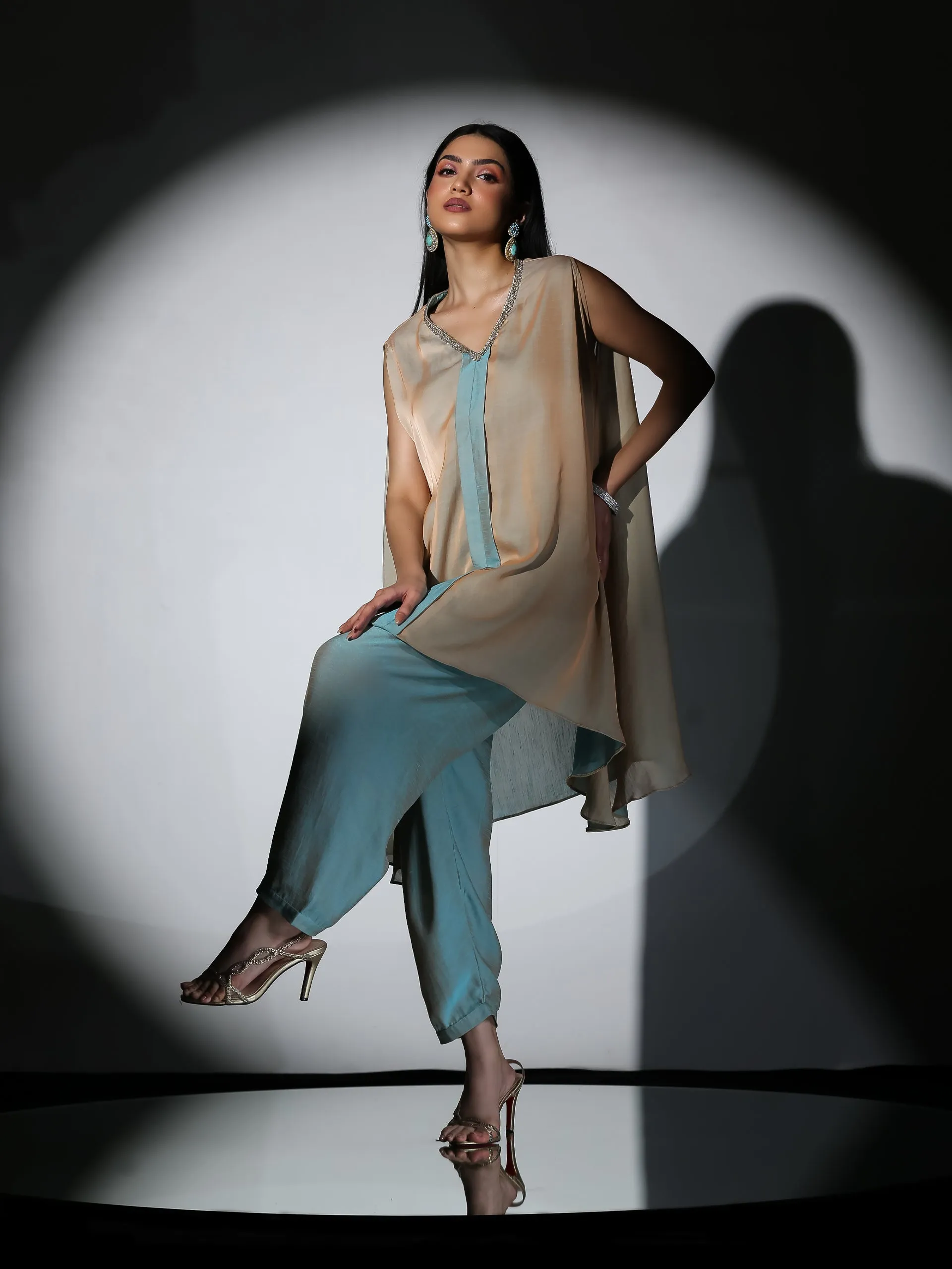 2 Pc SET - Dual Shade Powder Blue and Cream Slub Satin Flared Top with Pants