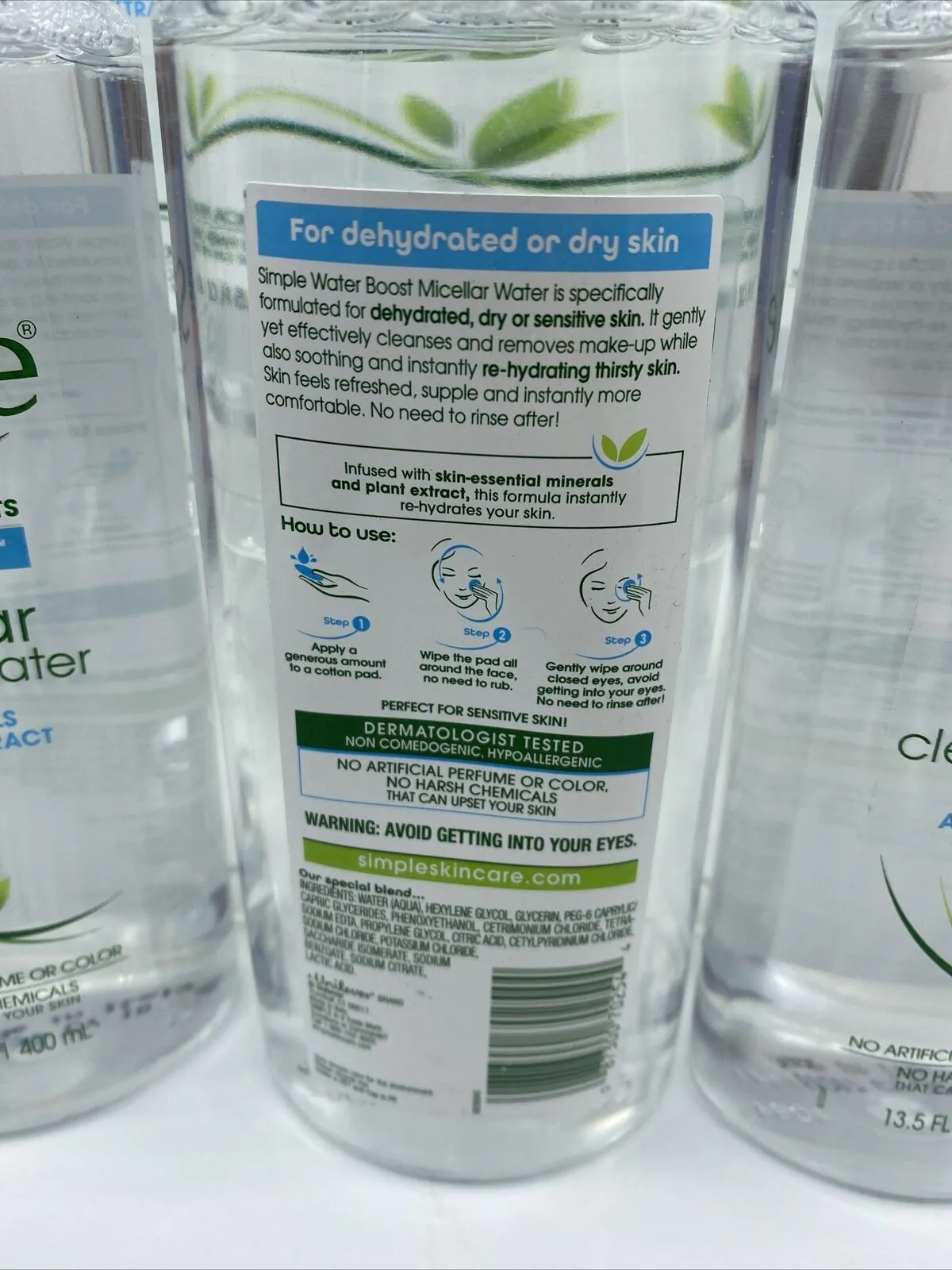 (3) LARGE Simple Sensitive Water Boost Micellar Cleansing MakeUp Removes 13.5oz