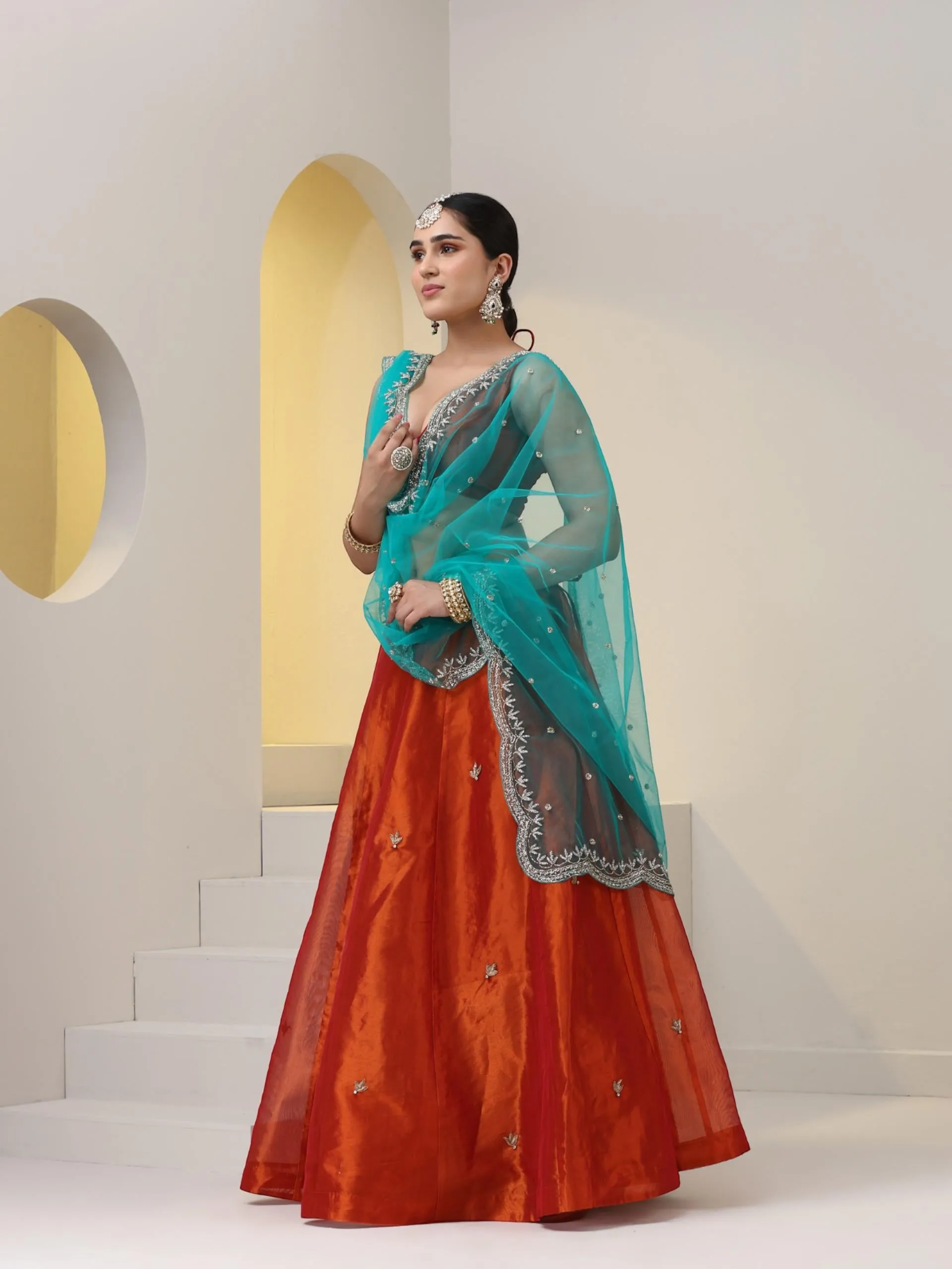 3 pc SET - Fire Blue Banarasi Tissue Lehenga with Zardozi with Net Hand embroidered Dupatta and Blouse Fabric