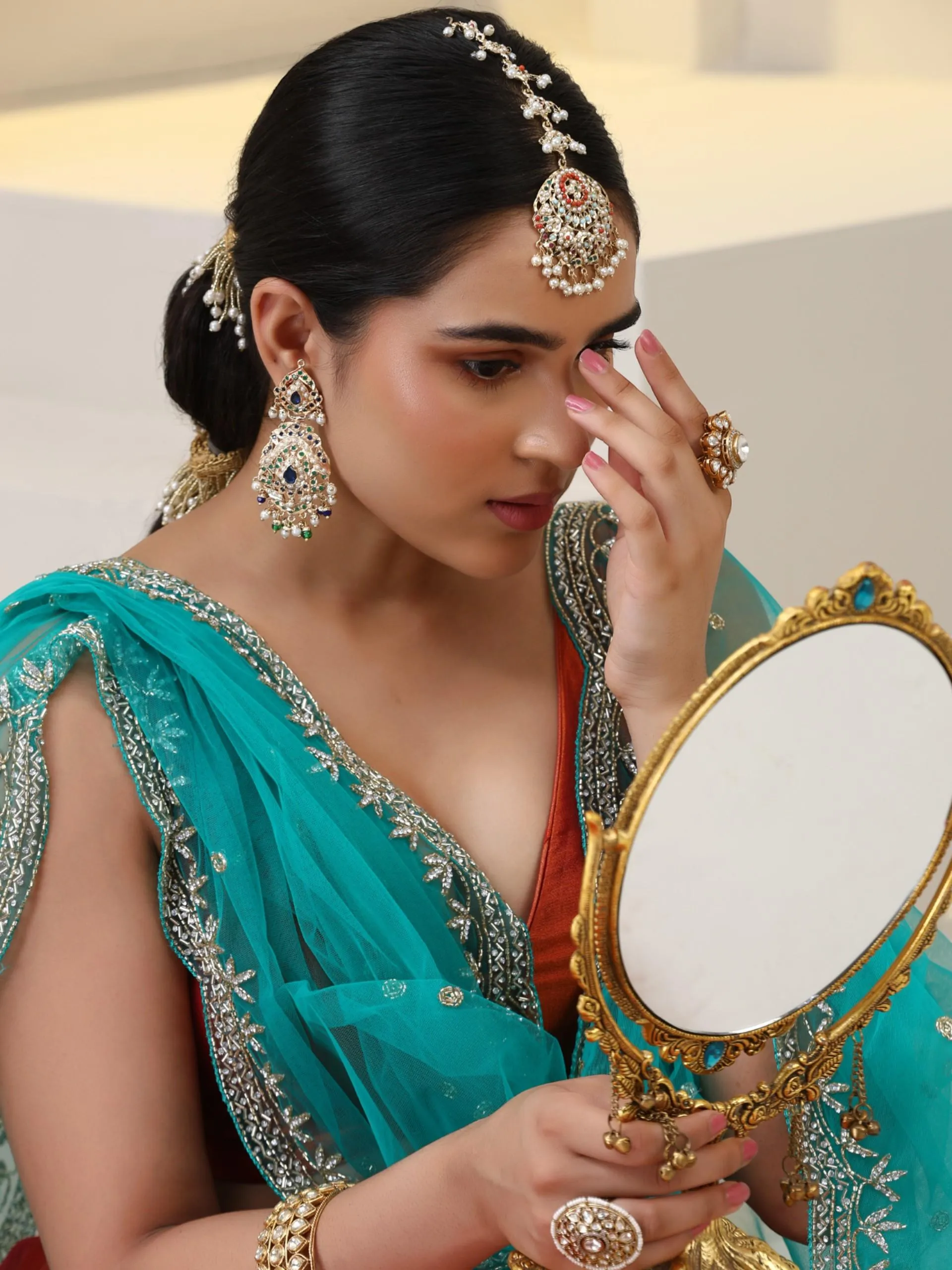 3 pc SET - Fire Blue Banarasi Tissue Lehenga with Zardozi with Net Hand embroidered Dupatta and Blouse Fabric