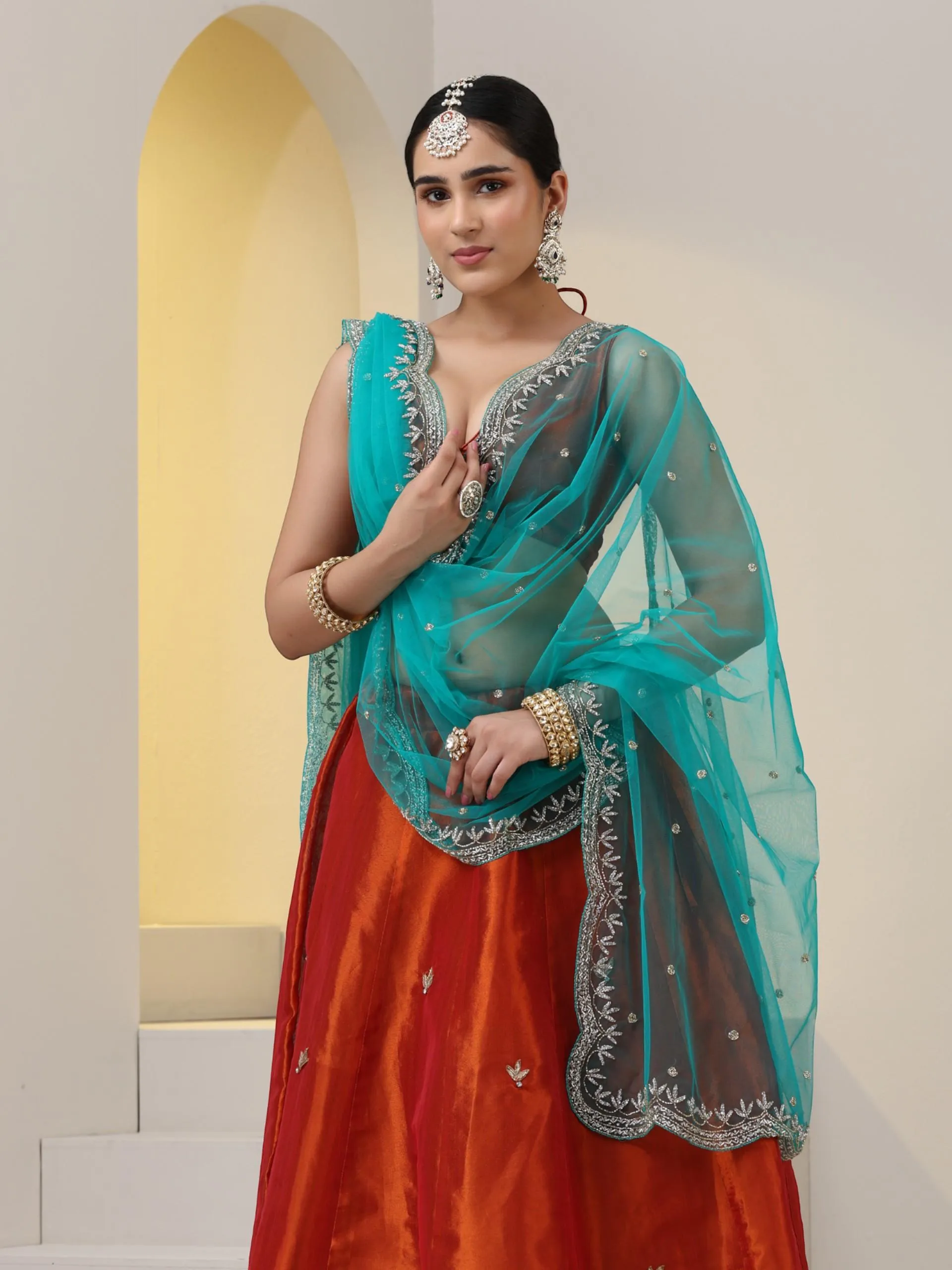 3 pc SET - Fire Blue Banarasi Tissue Lehenga with Zardozi with Net Hand embroidered Dupatta and Blouse Fabric