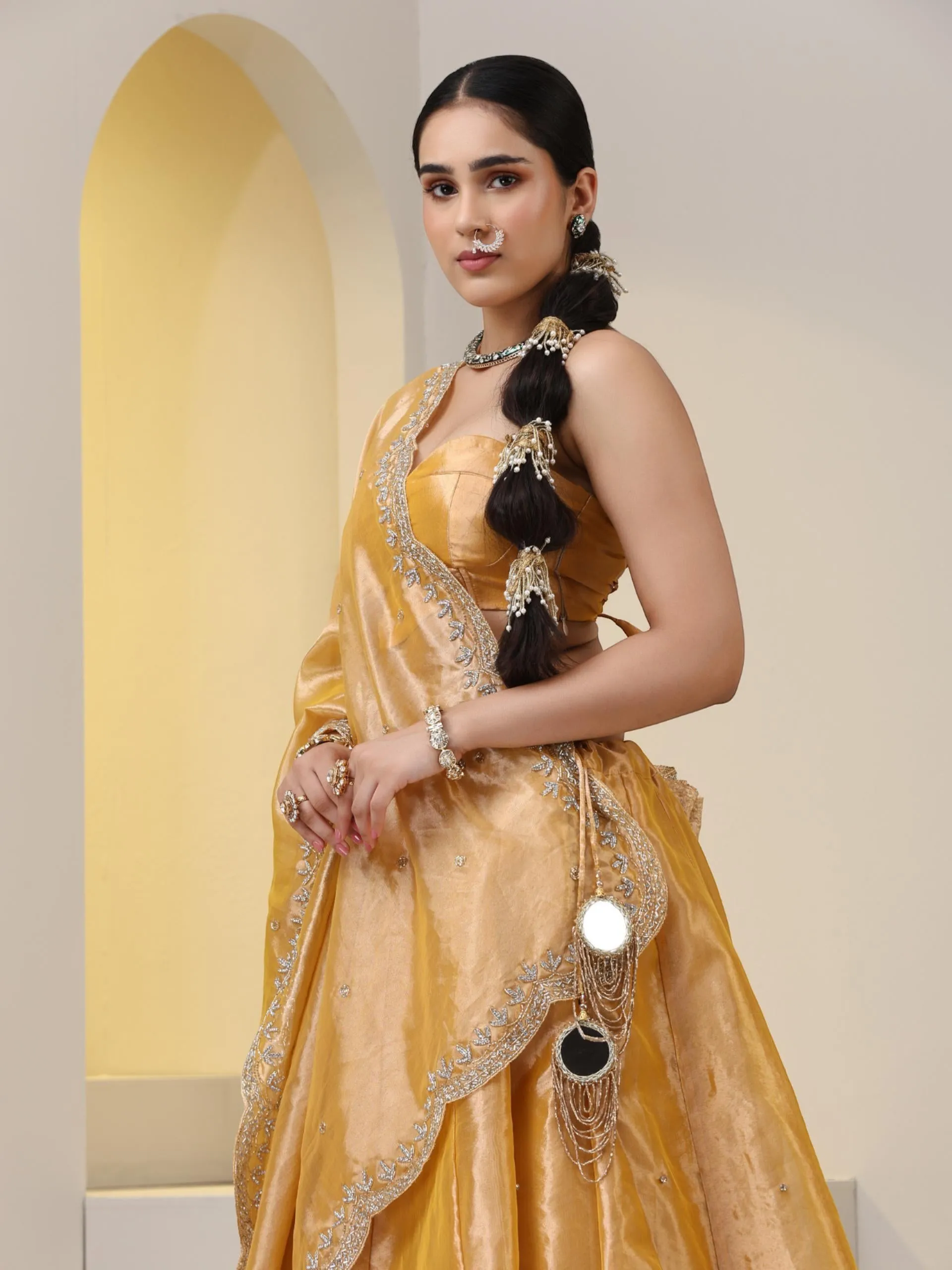 3 pc SET - Haldi Banaras Tissue Beaded Lehenga with Cut Dana Embroidered Dupatta and Blouse Fabric