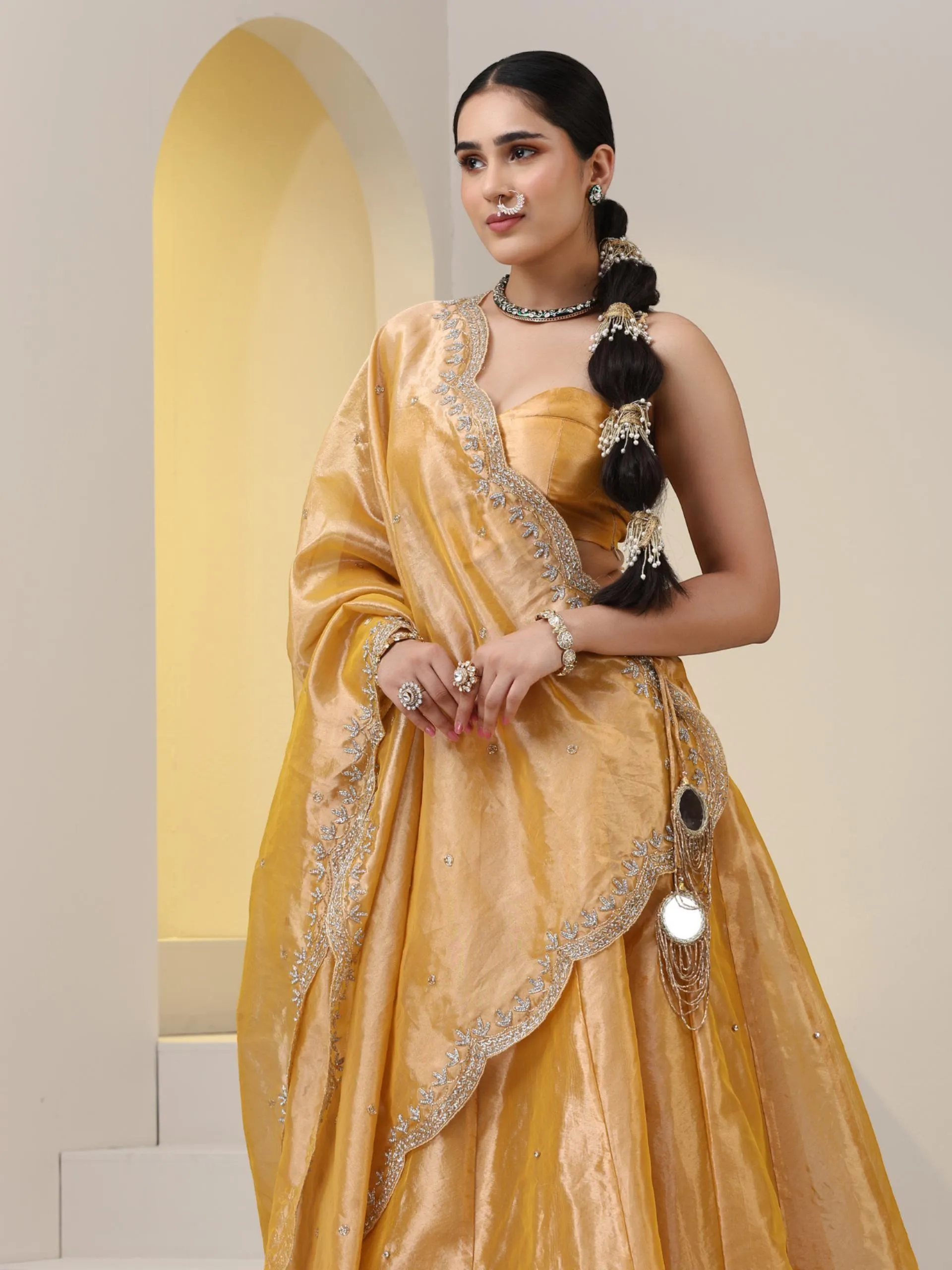 3 pc SET - Haldi Banaras Tissue Beaded Lehenga with Cut Dana Embroidered Dupatta and Blouse Fabric