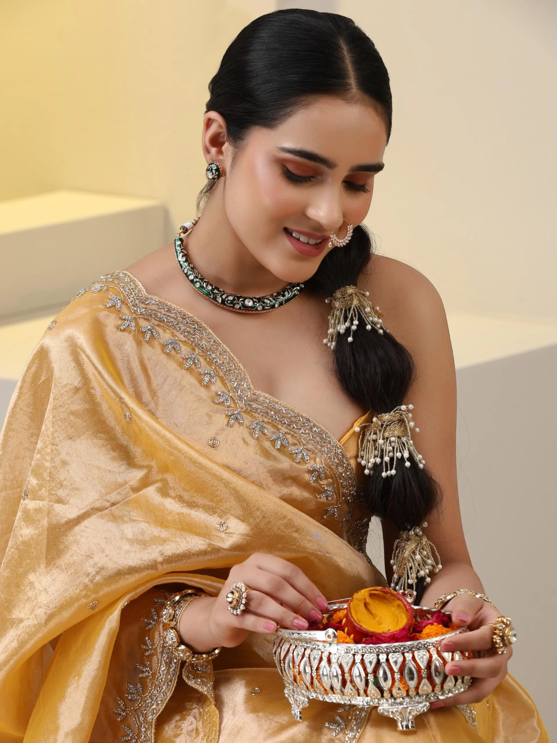 3 pc SET - Haldi Banaras Tissue Beaded Lehenga with Cut Dana Embroidered Dupatta and Blouse Fabric