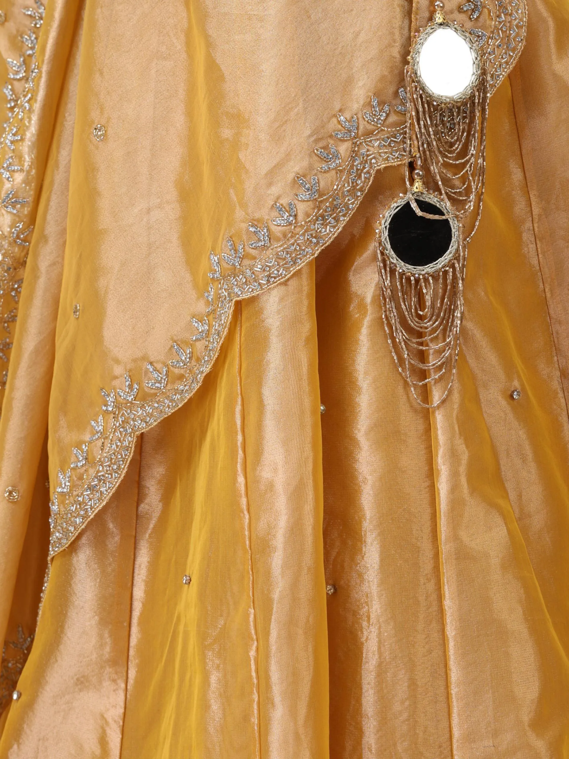 3 pc SET - Haldi Banaras Tissue Beaded Lehenga with Cut Dana Embroidered Dupatta and Blouse Fabric