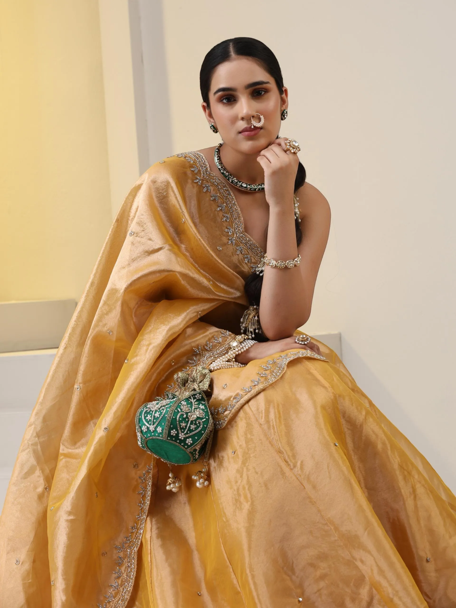 3 pc SET - Haldi Banaras Tissue Beaded Lehenga with Cut Dana Embroidered Dupatta and Blouse Fabric