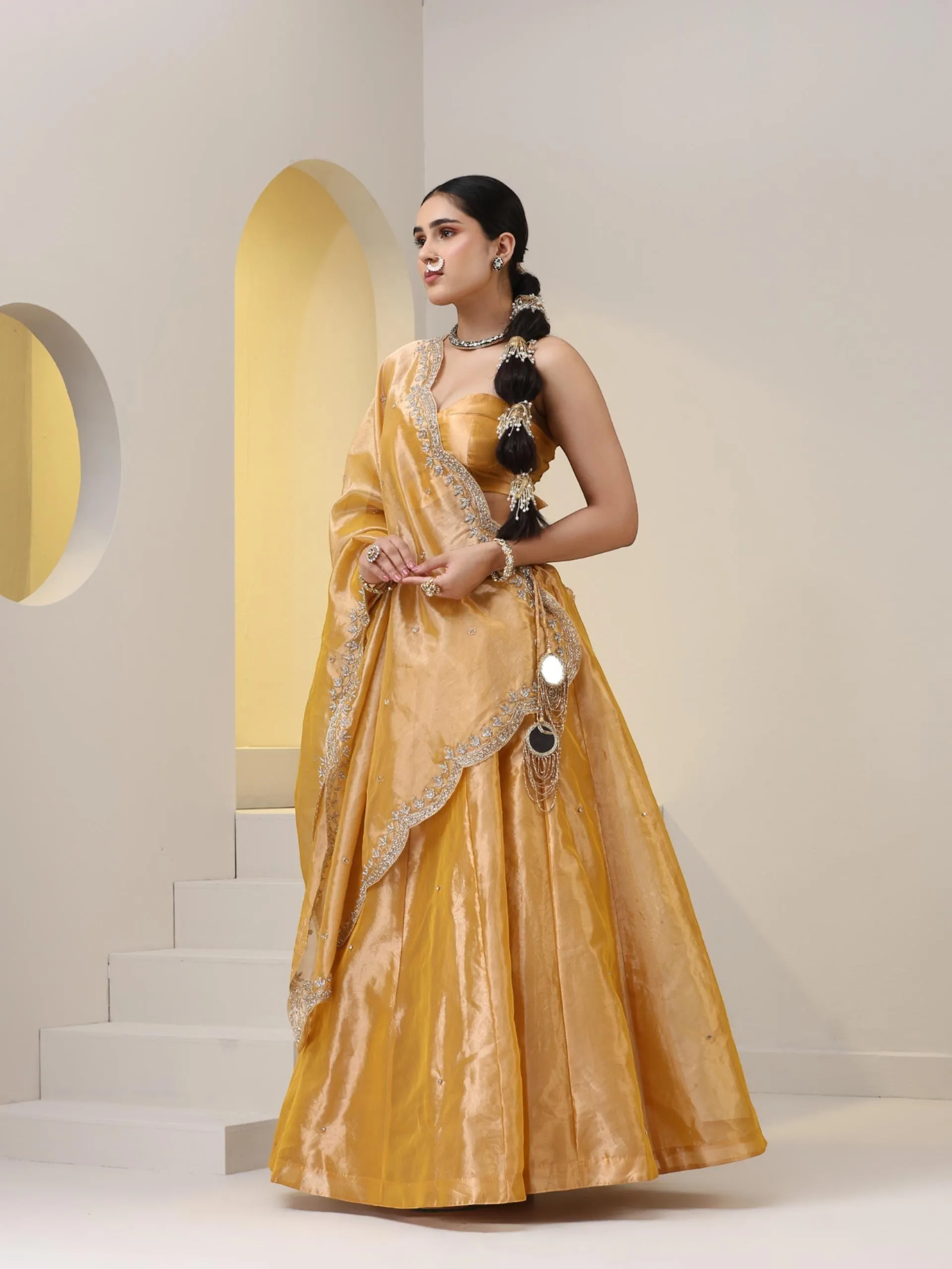 3 pc SET - Haldi Banaras Tissue Beaded Lehenga with Cut Dana Embroidered Dupatta and Blouse Fabric