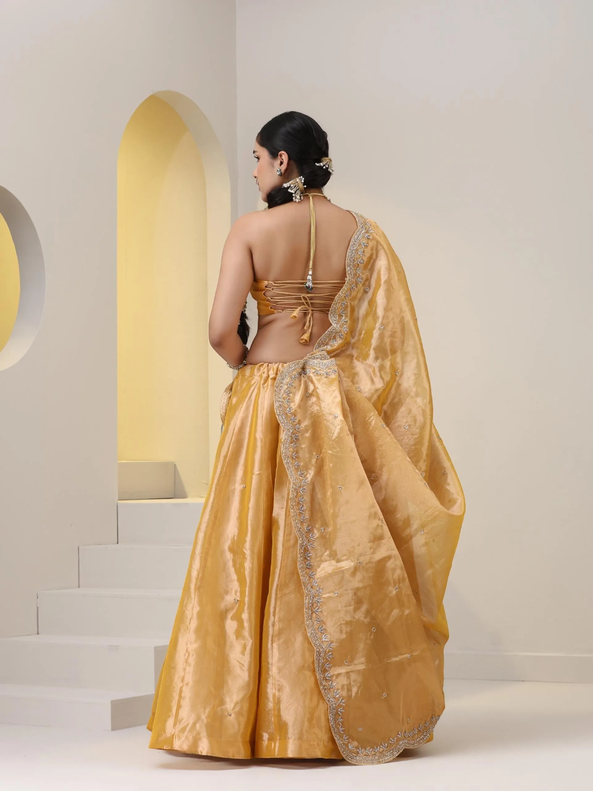 3 pc SET - Haldi Banaras Tissue Beaded Lehenga with Cut Dana Embroidered Dupatta and Blouse Fabric