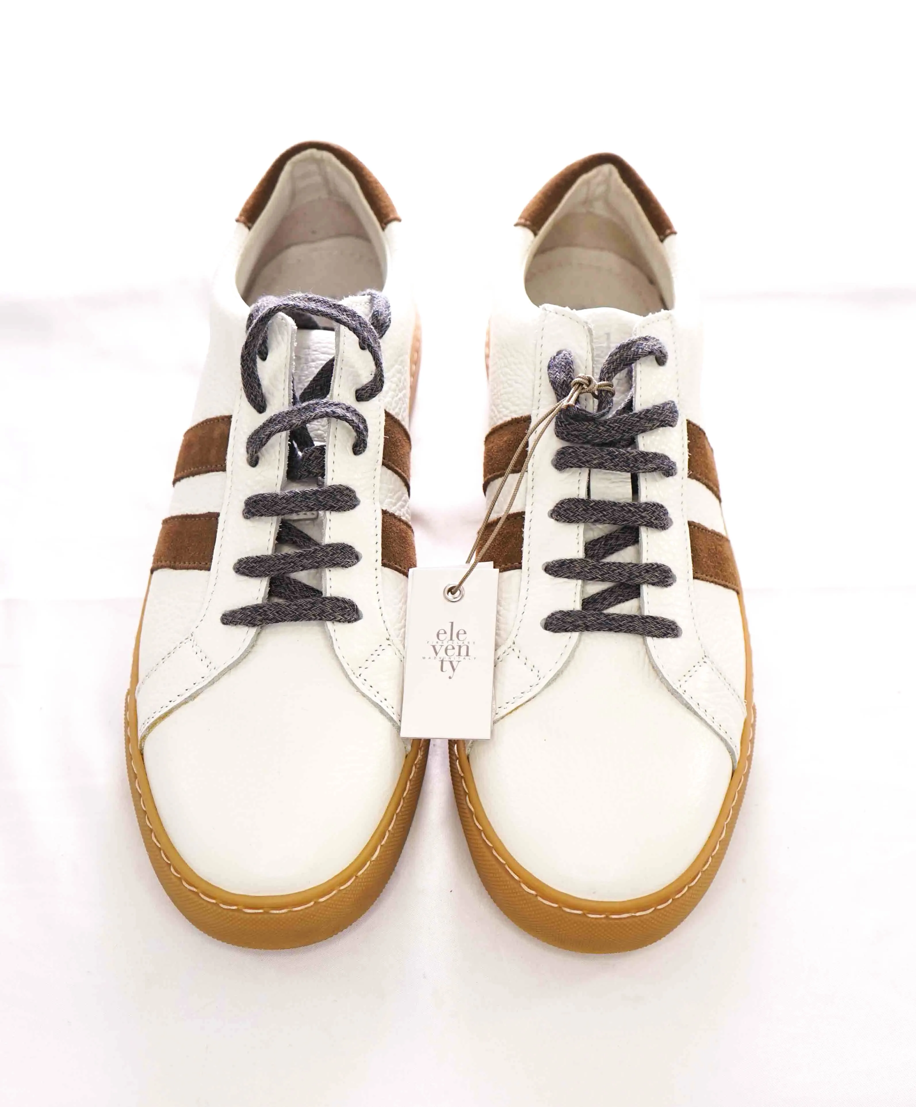 $395 ELEVENTY - Pebbled Leather Brown Suede Stripe Sneaker - 11 US (44EU)