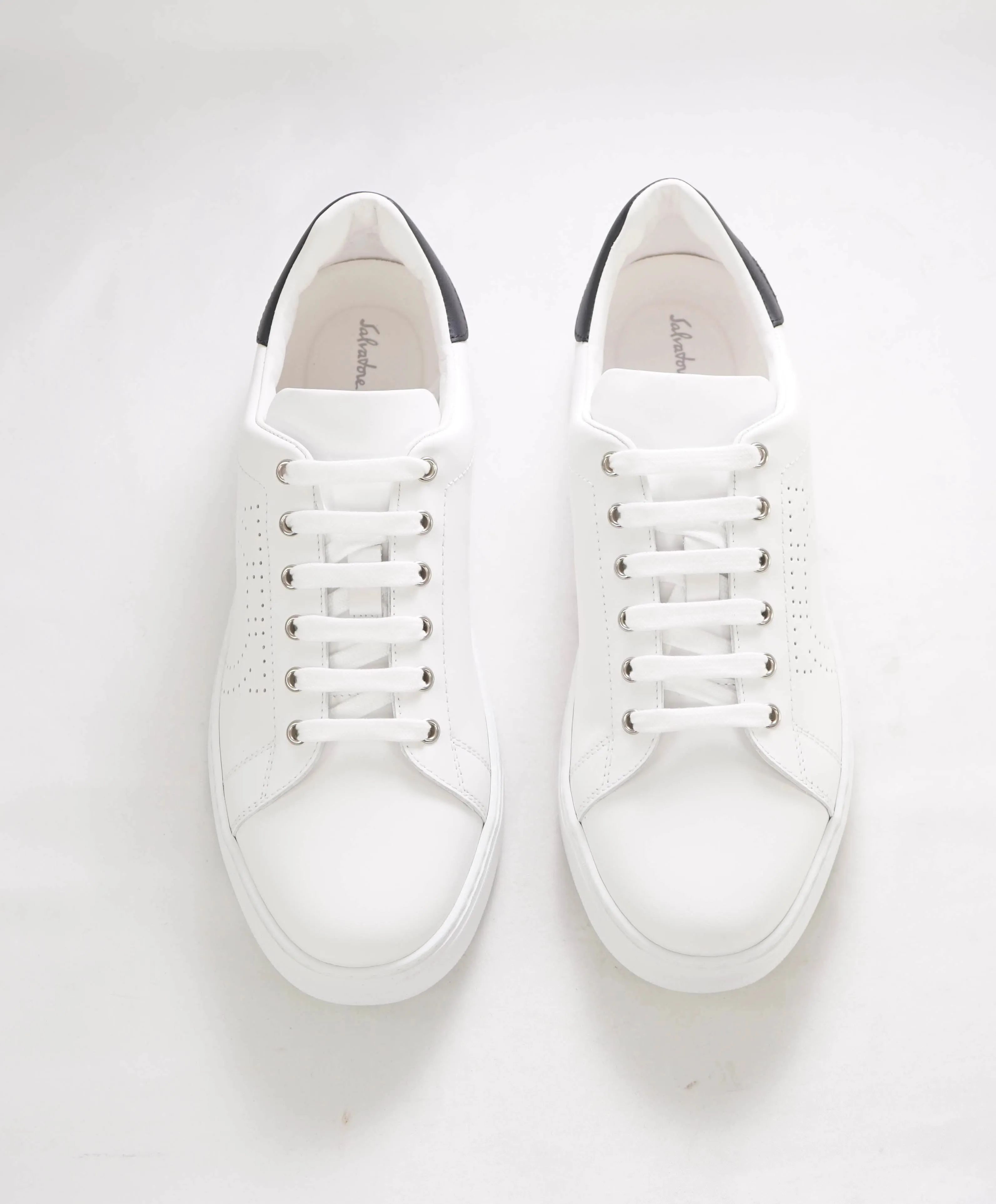 $695 SALVATORE FERRAGAMO - *PIERRE* White/Black Gancini Sneaker - 9.5 M US