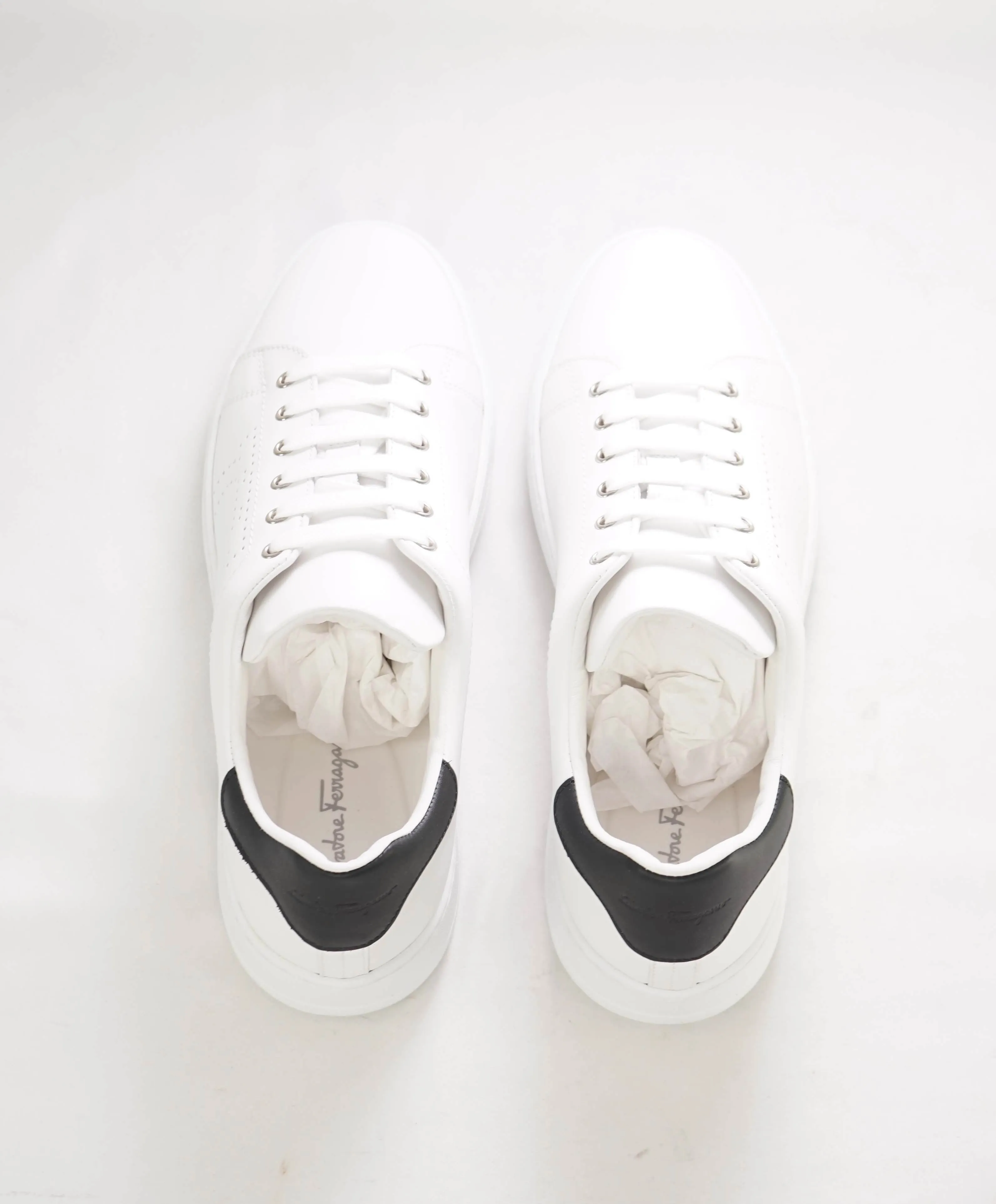 $695 SALVATORE FERRAGAMO - *PIERRE* White/Black Gancini Sneaker - 9.5 M US