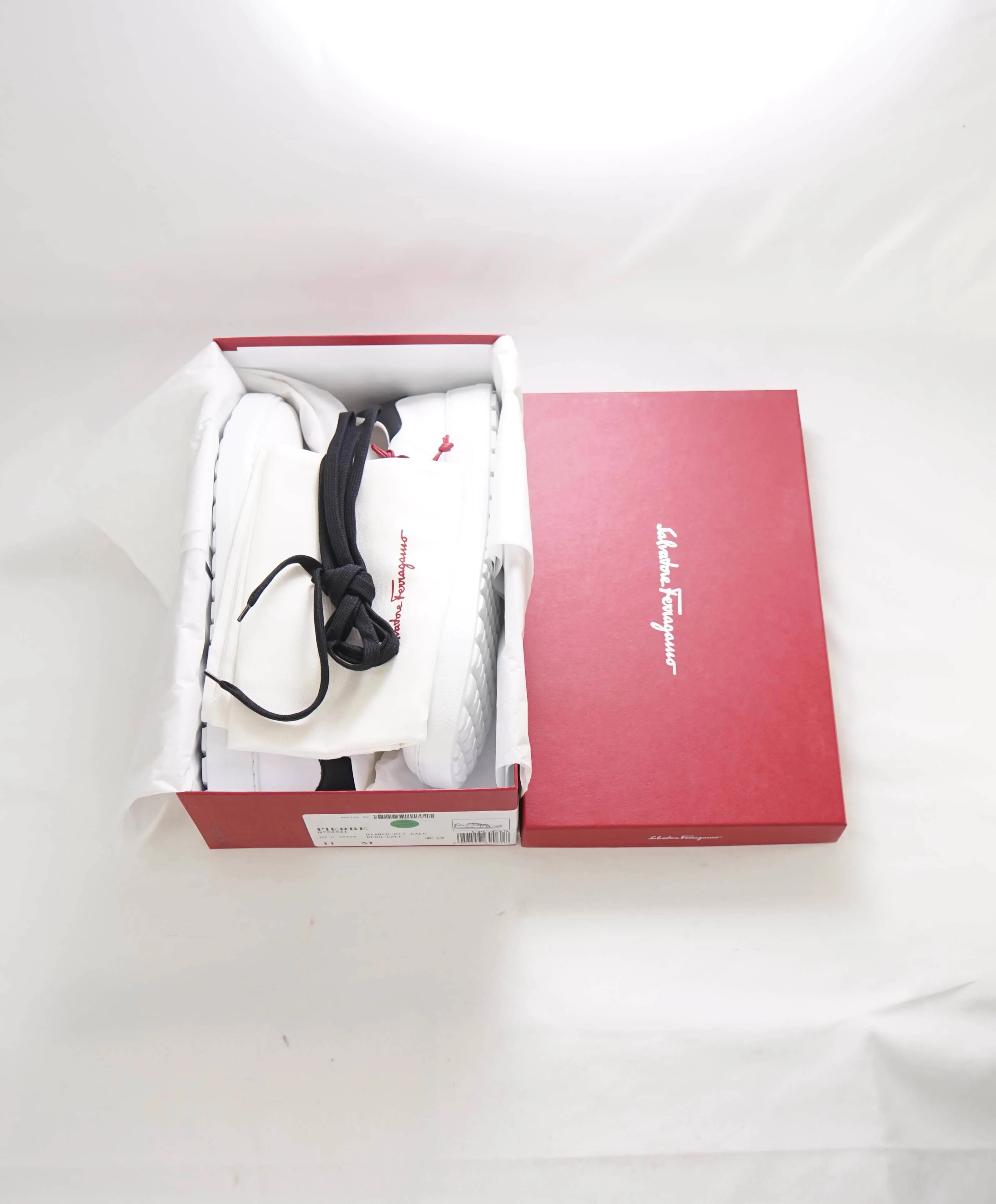 $695 SALVATORE FERRAGAMO - *PIERRE* White/Black Gancini Sneaker - 9.5 M US