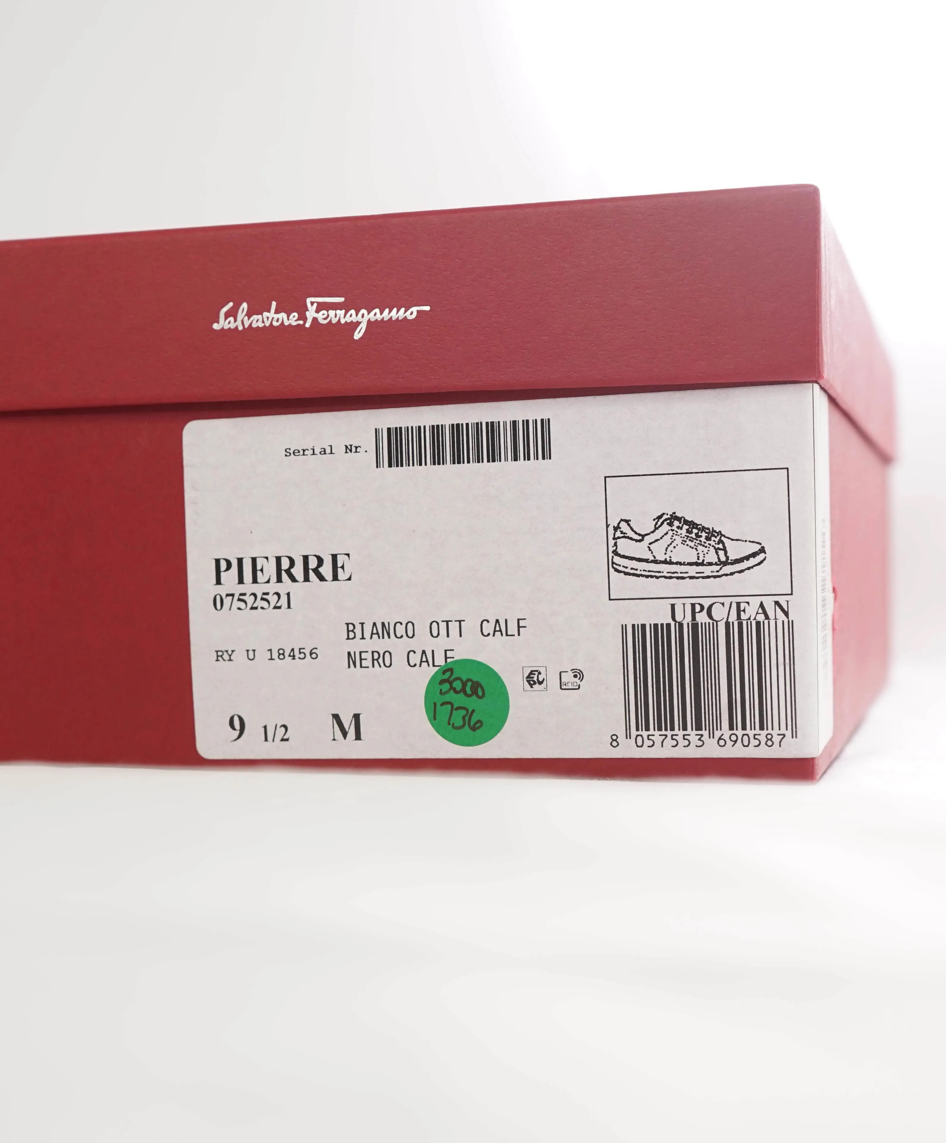 $695 SALVATORE FERRAGAMO - *PIERRE* White/Black Gancini Sneaker - 9.5 M US