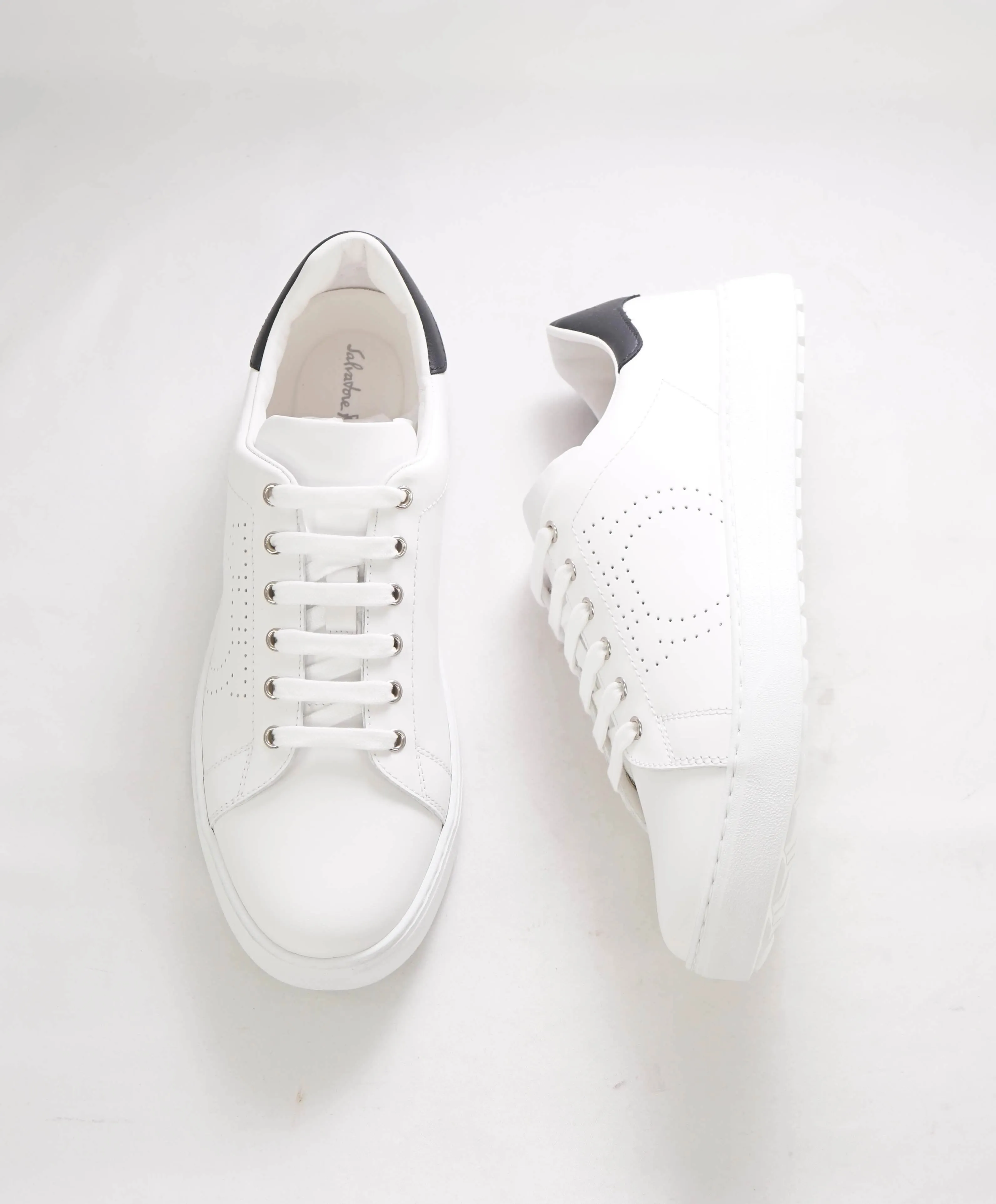 $695 SALVATORE FERRAGAMO - *PIERRE* White/Black Gancini Sneaker - 9.5 M US