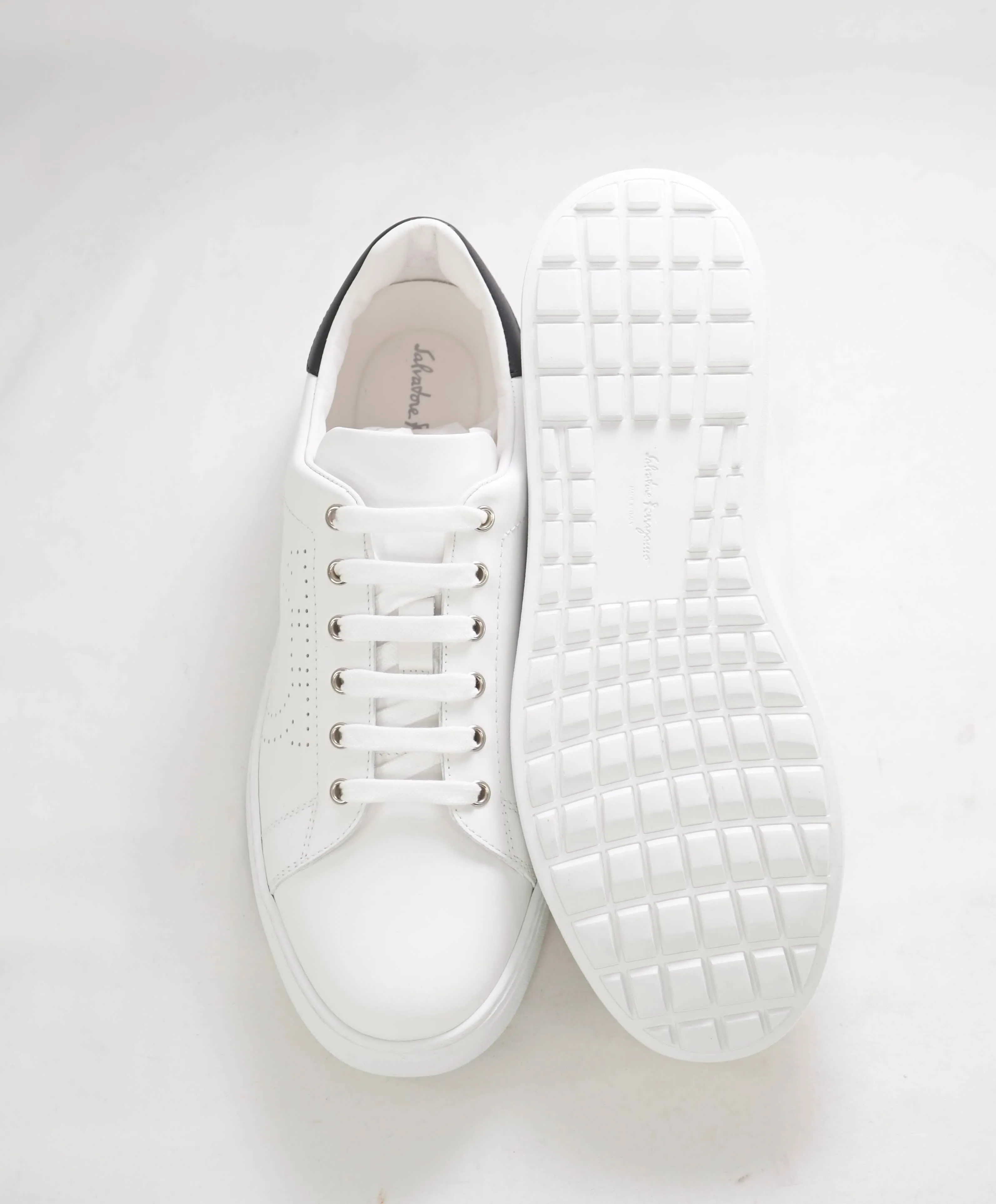 $695 SALVATORE FERRAGAMO - *PIERRE* White/Black Gancini Sneaker - 9.5 M US