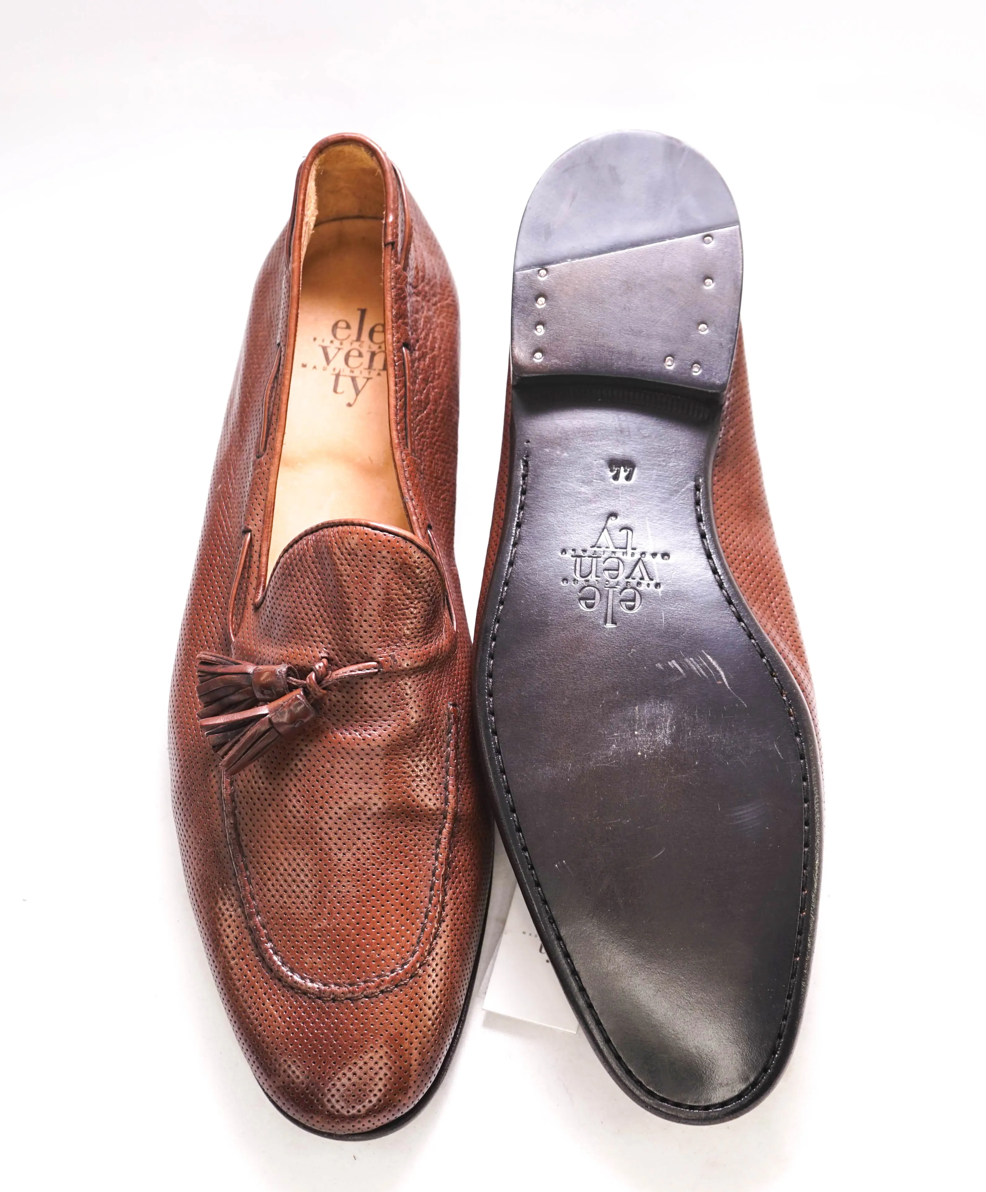 $795 ELEVENTY - Brown Leather Perforated Tassel Loafer - 11 US (44EU)