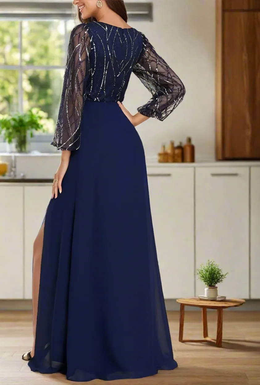 A-Line Dark Navy V-Neck Long Sleeves Mother of The Bride Dresses