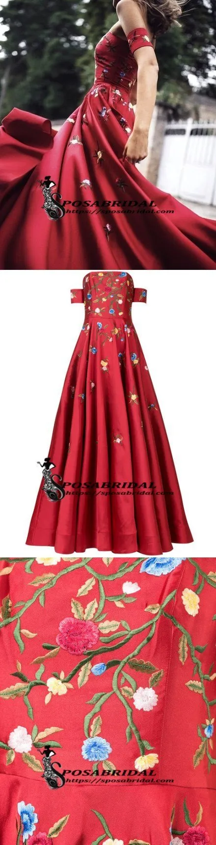 A-line Red Off Shoulder Beautiful Flower Appliques Prom Dresses, Fashion dress for woman, PD0475