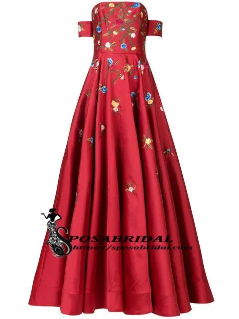 A-line Red Off Shoulder Beautiful Flower Appliques Prom Dresses, Fashion dress for woman, PD0475