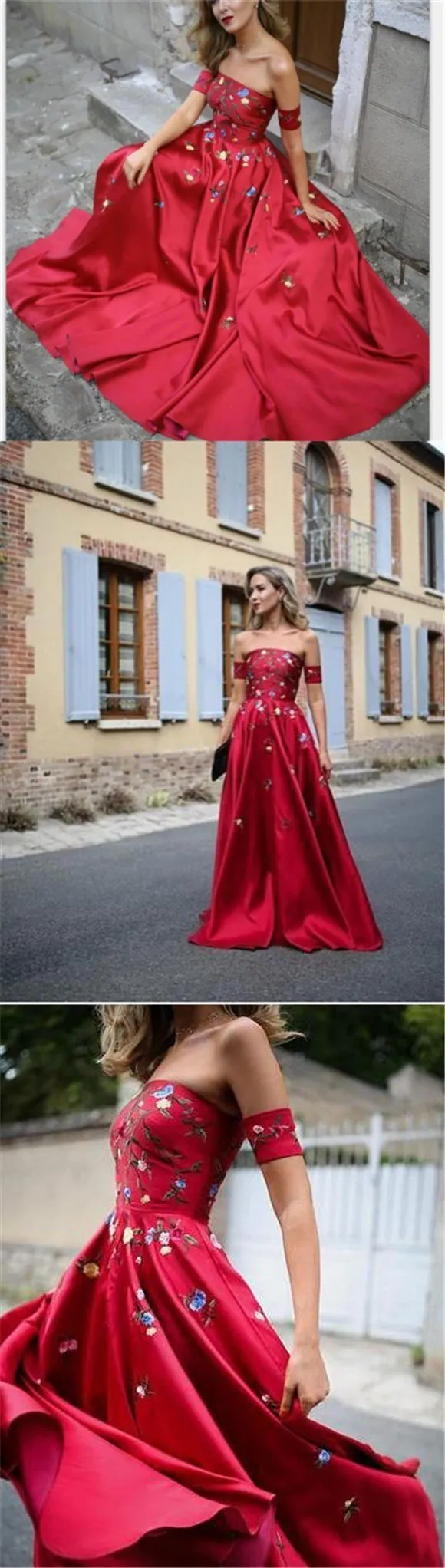 A-line Red Off Shoulder Beautiful Flower Appliques Prom Dresses, Fashion dress for woman, PD0475