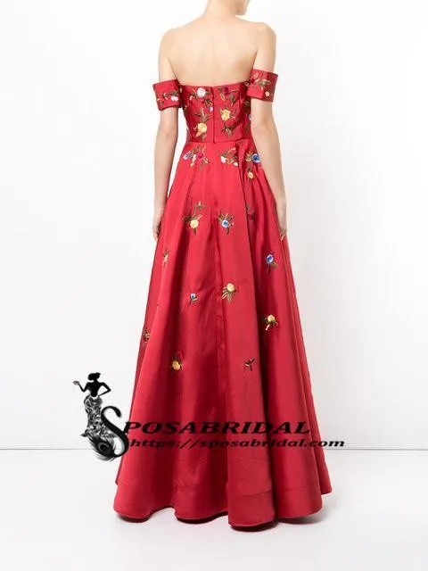 A-line Red Off Shoulder Beautiful Flower Appliques Prom Dresses, Fashion dress for woman, PD0475