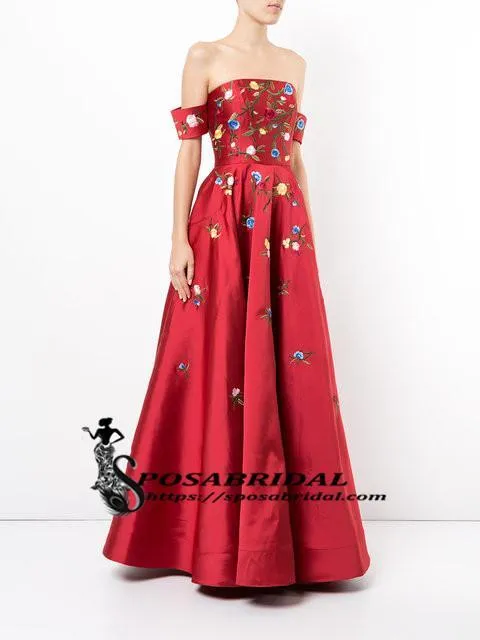 A-line Red Off Shoulder Beautiful Flower Appliques Prom Dresses, Fashion dress for woman, PD0475