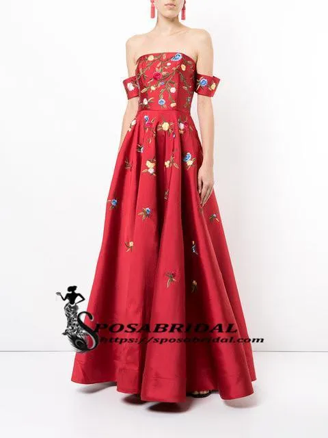 A-line Red Off Shoulder Beautiful Flower Appliques Prom Dresses, Fashion dress for woman, PD0475