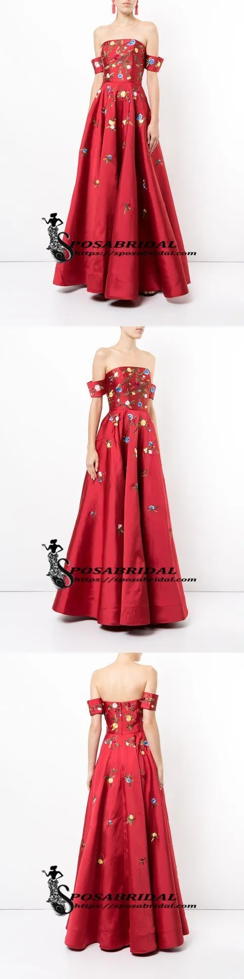 A-line Red Off Shoulder Beautiful Flower Appliques Prom Dresses, Fashion dress for woman, PD0475