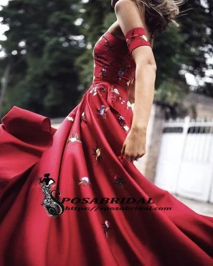 A-line Red Off Shoulder Beautiful Flower Appliques Prom Dresses, Fashion dress for woman, PD0475