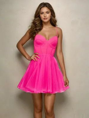 A Line Spaghetti Straps Mini Tulle Lace Up Back Homecoming Dresses