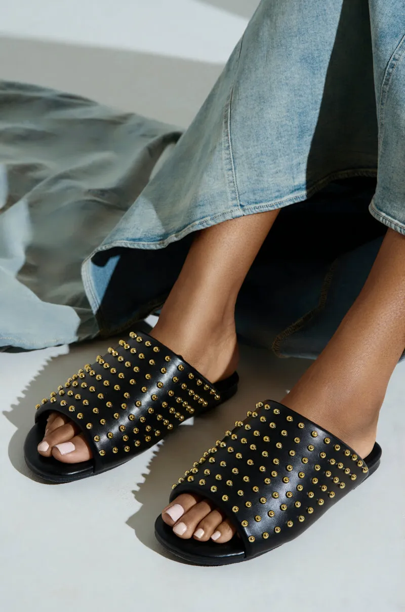 AKIRA  BAGGER STUDDED SLIP ON SANDAL IN BLACK