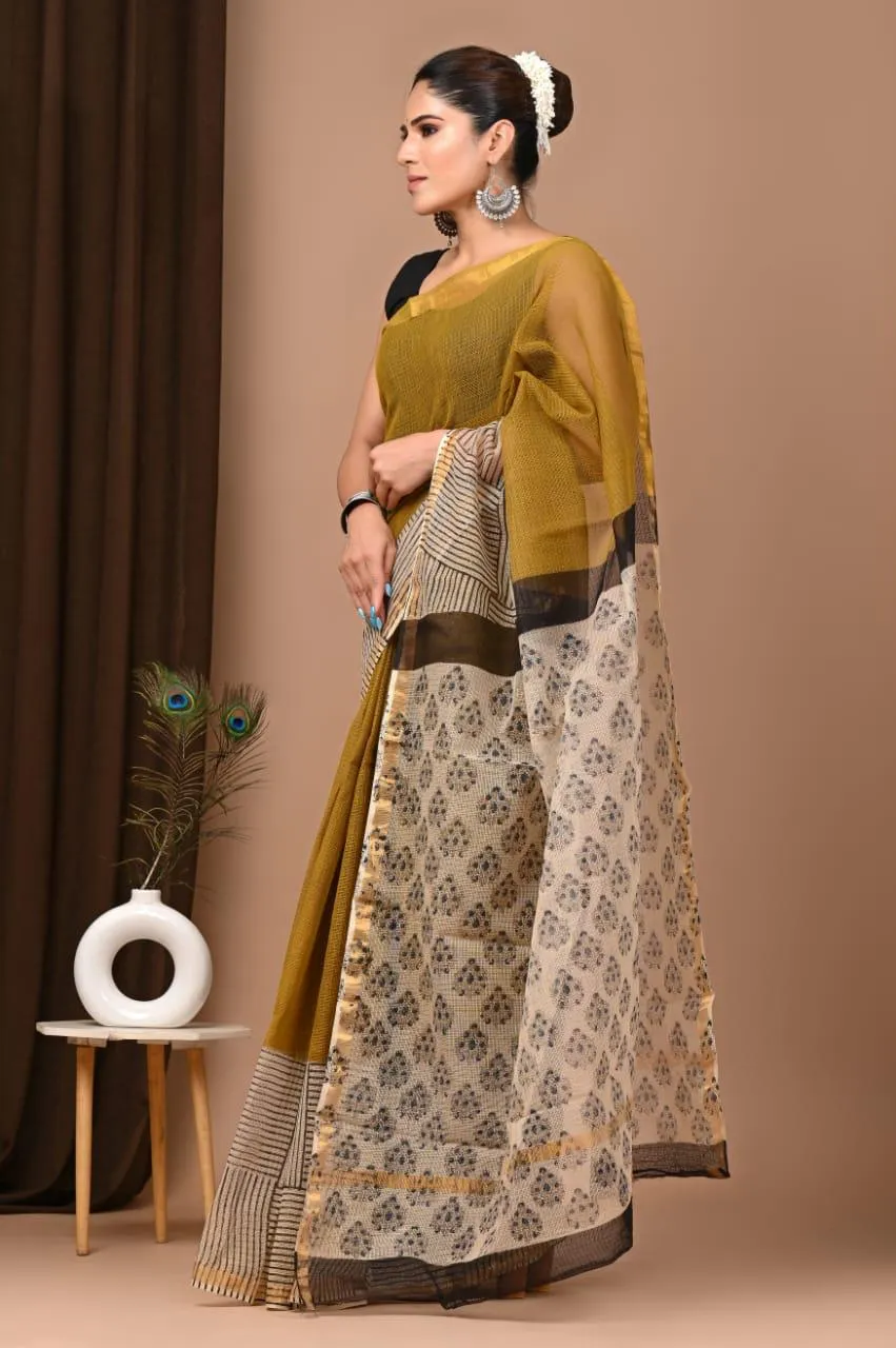 Authentic Soft Yellow Traditional Kota Doriya Print Saree